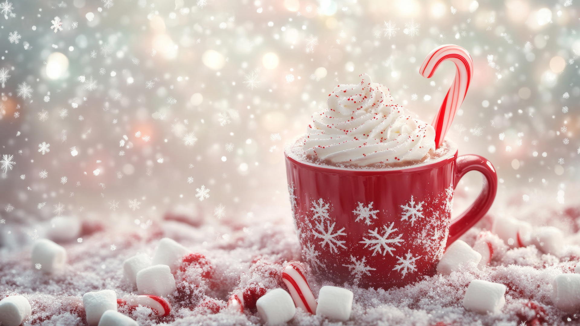Cute wallpapers for Christmas with hot cocoa, whipped cream, and snowflakes.