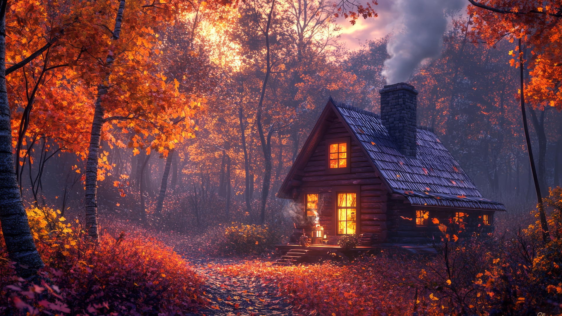cute fall aesthetic wallpapers showing a woodland cabin with fall leaves