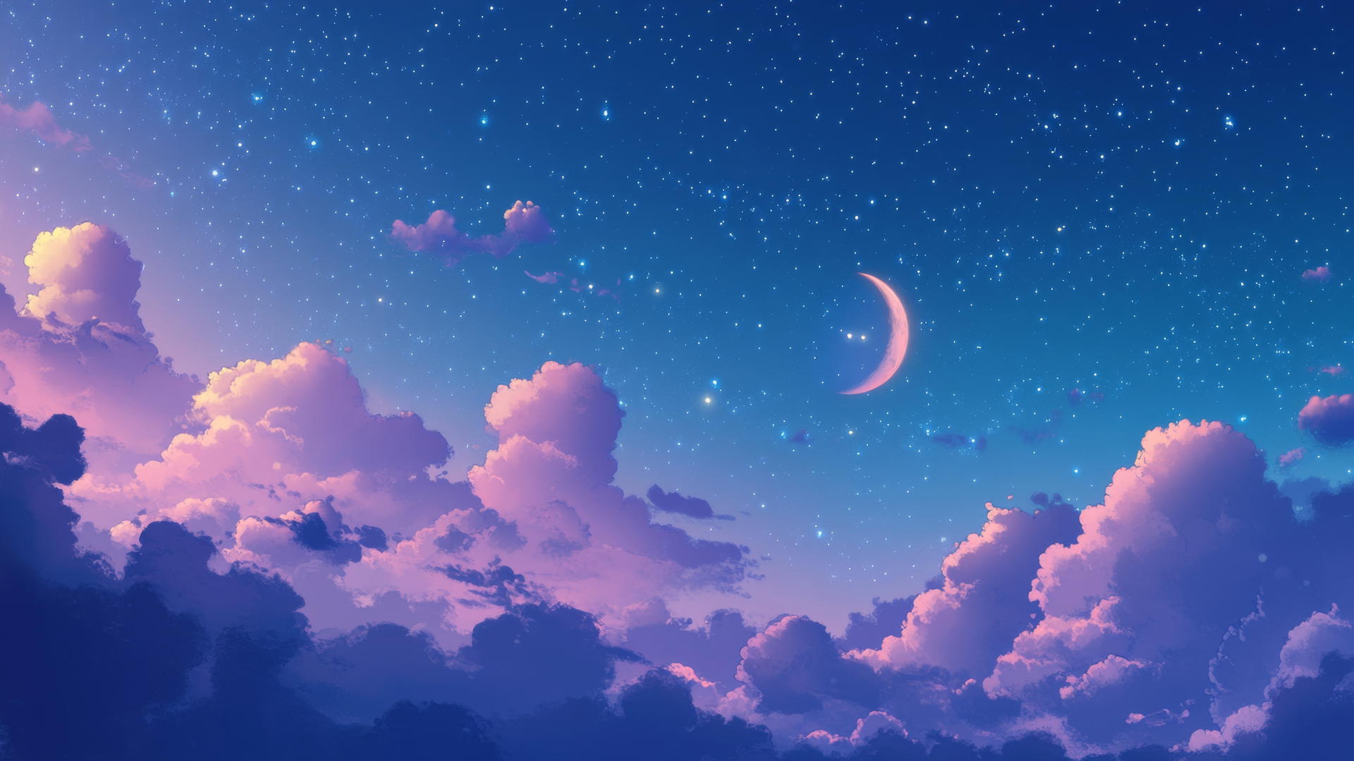 cute wallpapers aesthetic with dreamy night sky, cartoon clouds, crescent moon, and stars