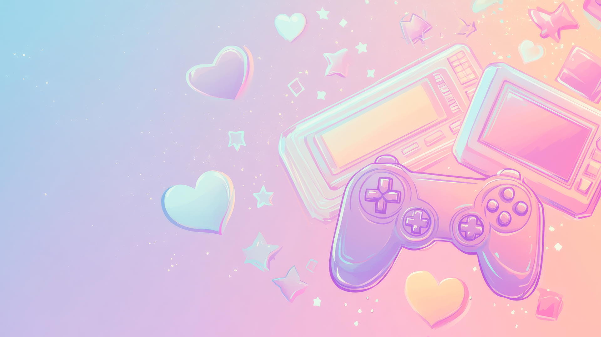 cute aesthetic wallpapers with pixelated hearts, stars, and controllers in pastel colors