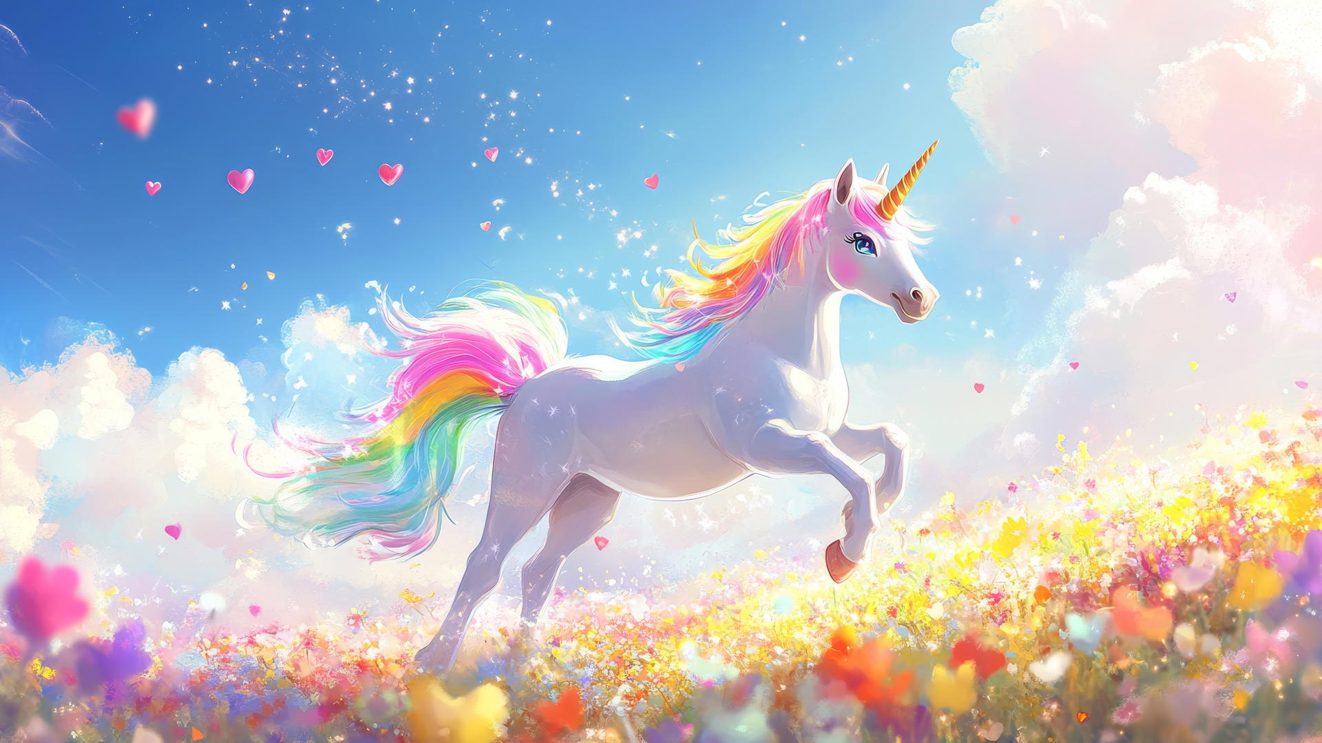 Pastel unicorn prancing with rainbow mane, sparkles, hearts, flowers under blue sky, cute wallpapers for girls