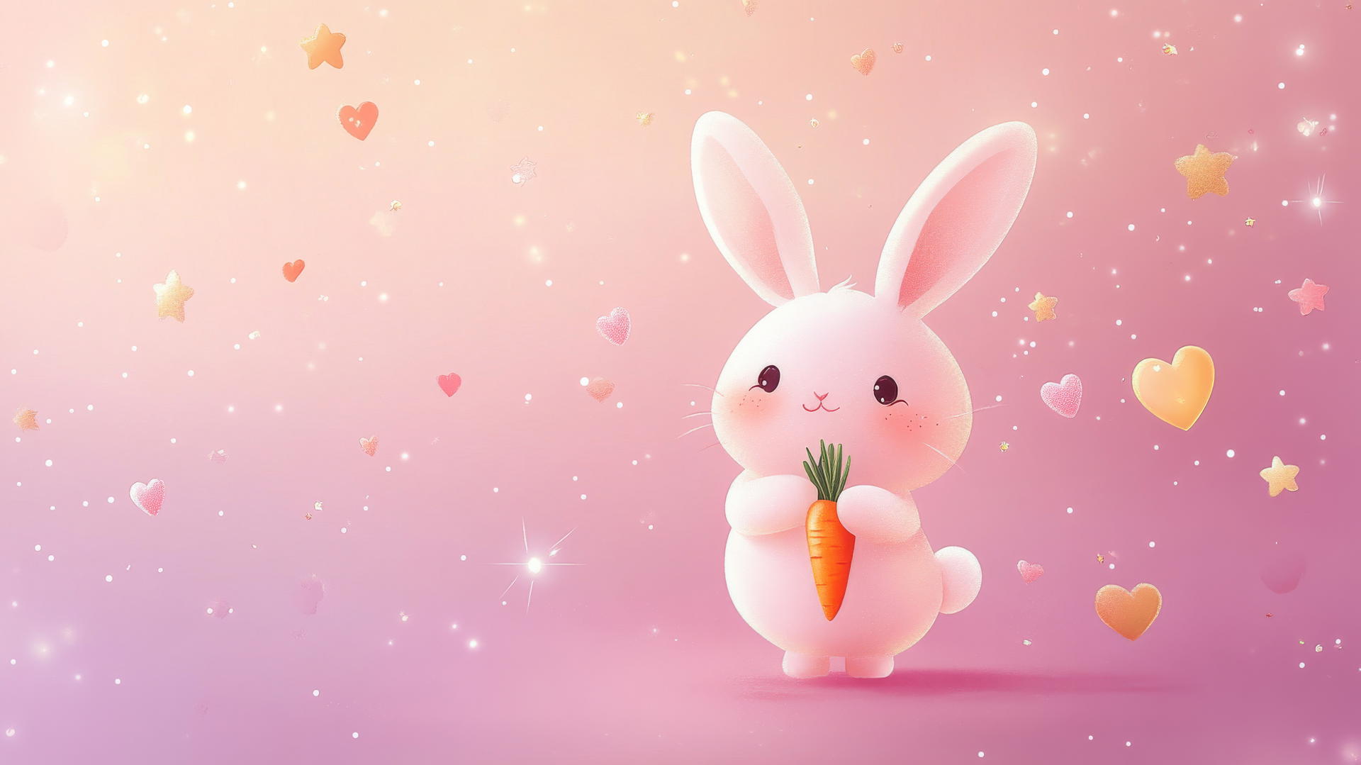 pink cute wallpaper with a bunny holding a carrot, tiny hearts, and stars