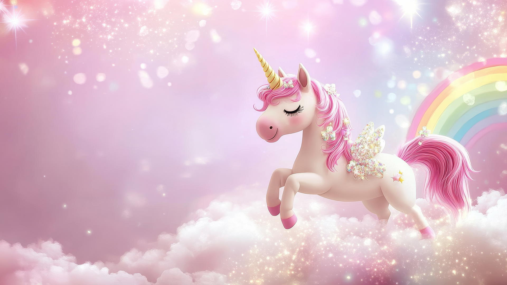pink cute wallpaper with a cartoon unicorn, sparkles, and rainbows