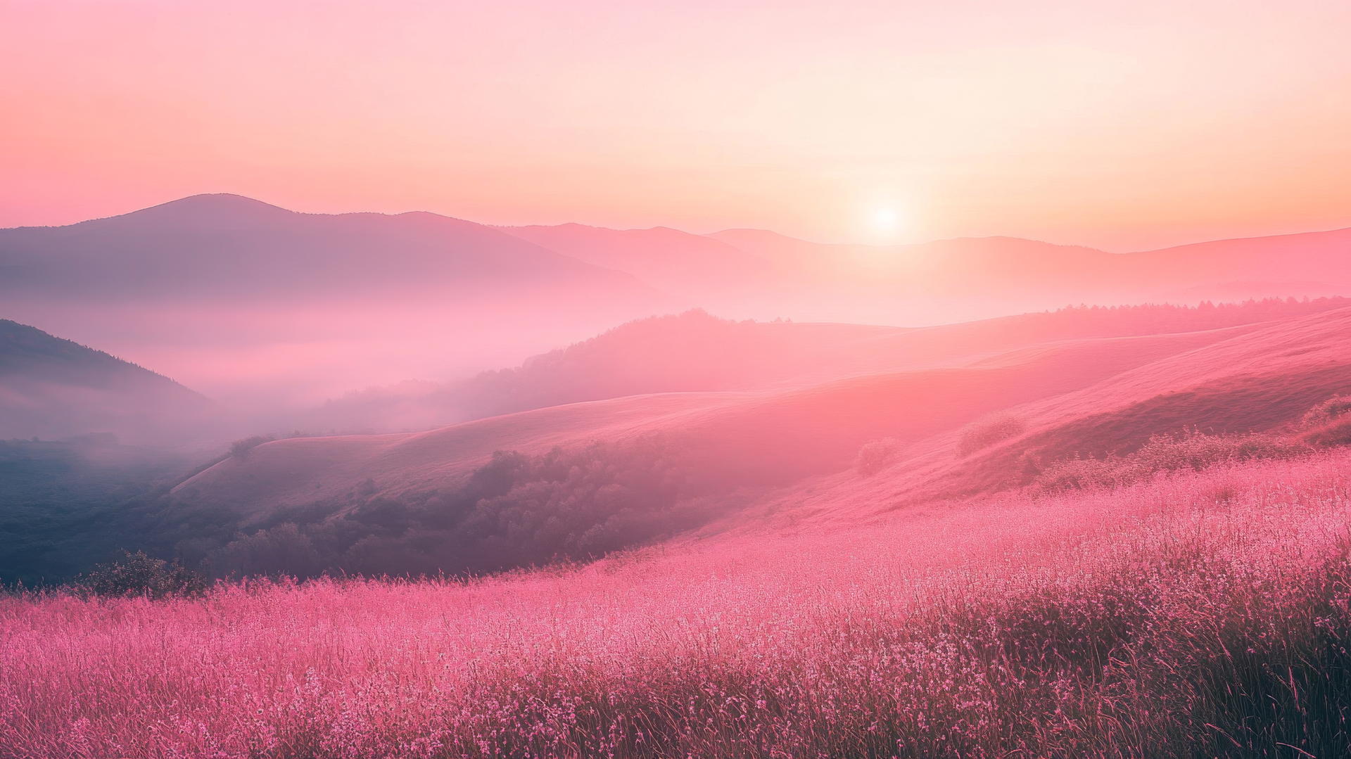pink aesthetic wallpaper with soft pastel landscape, rolling hills, and gentle sunrise