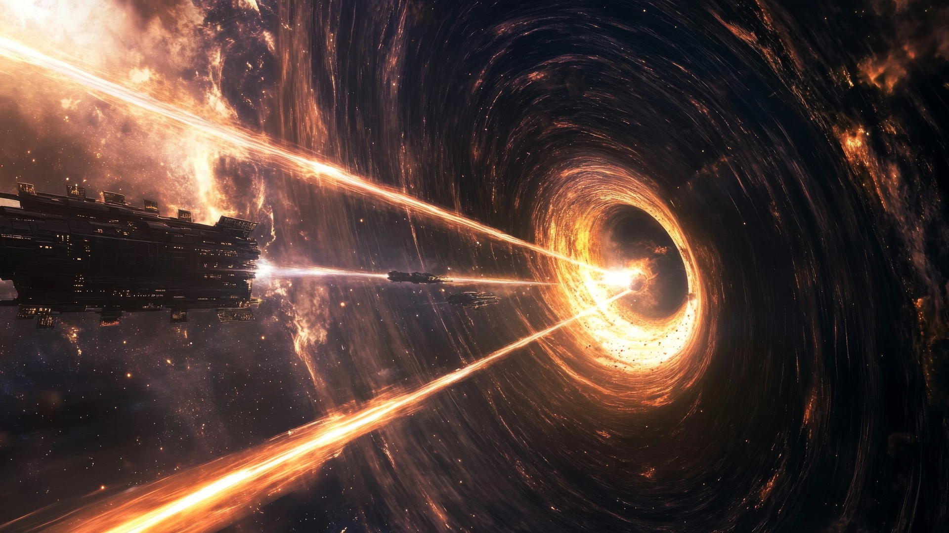 A futuristic black hole wallpaper featuring a space station orbiting a black hole with energy beams.