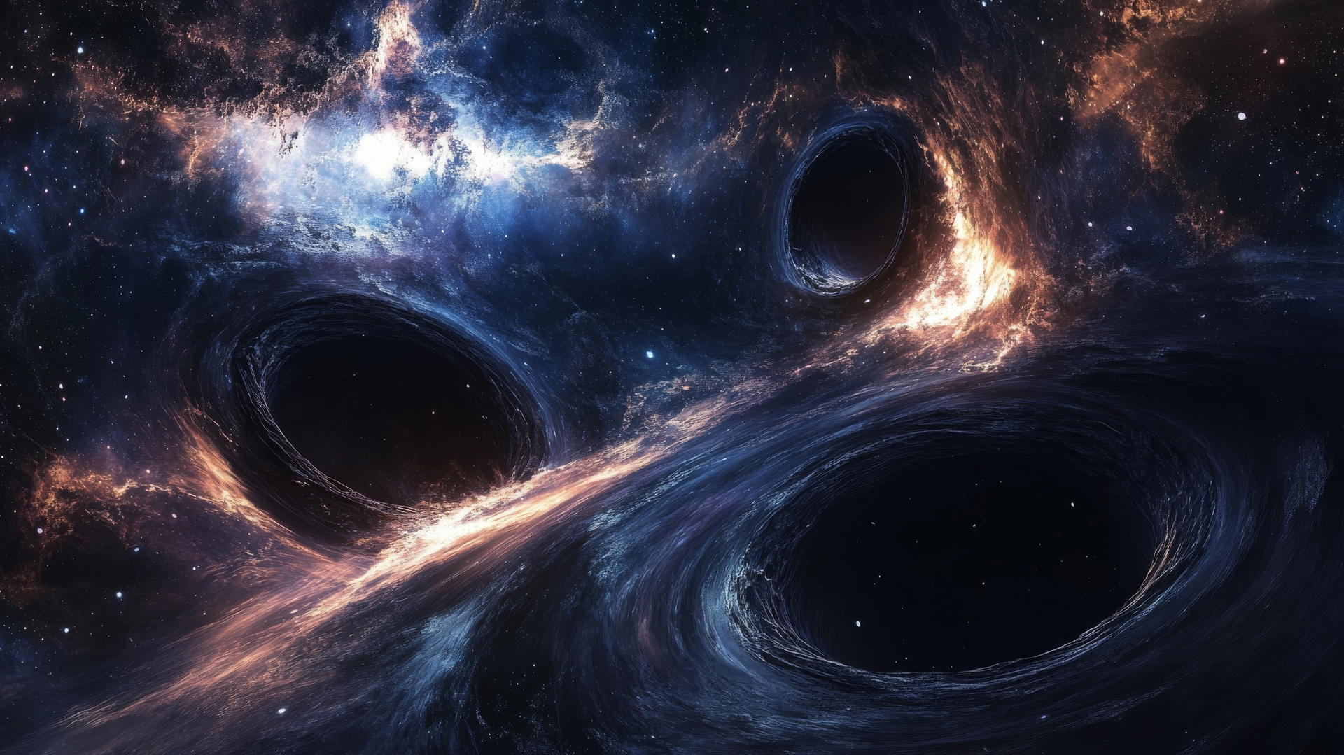black hole wallpaper with multiple black holes, swirling gases, and debris