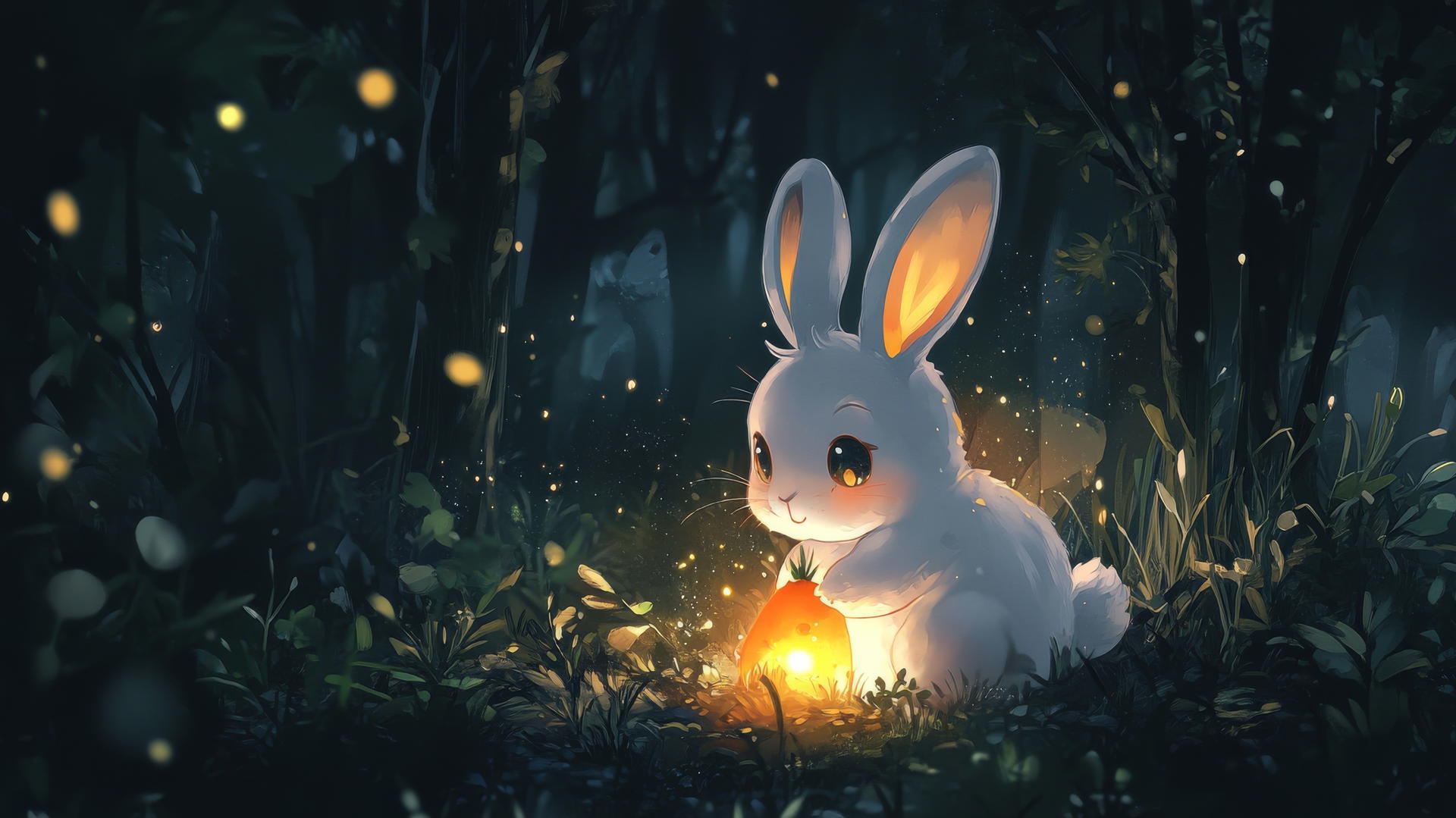 black cute wallpaper with kawaii bunny holding glowing carrot in dark forest