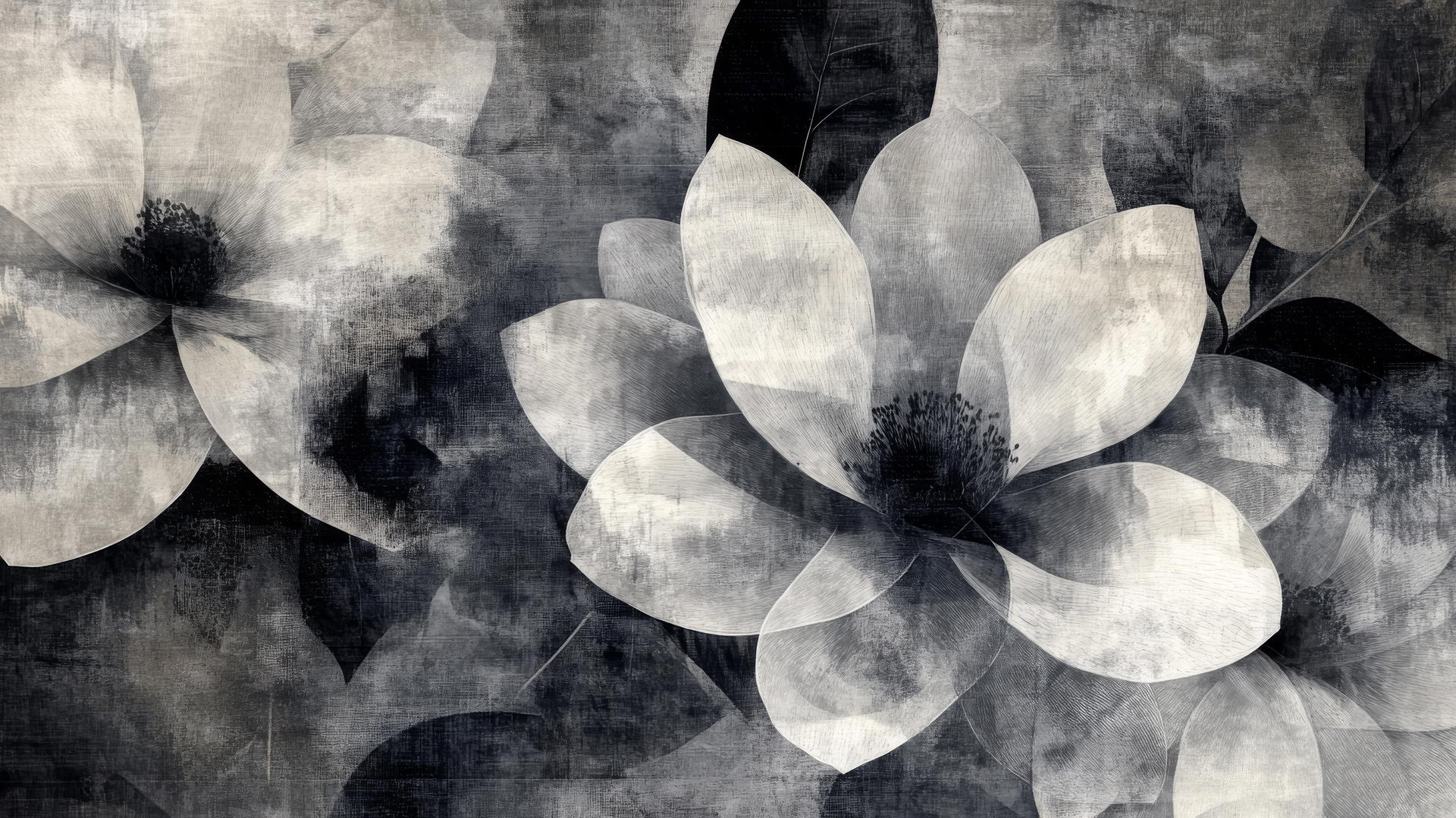Modern abstract black and white floral wallpaper with geometric shapes and bold contrasts