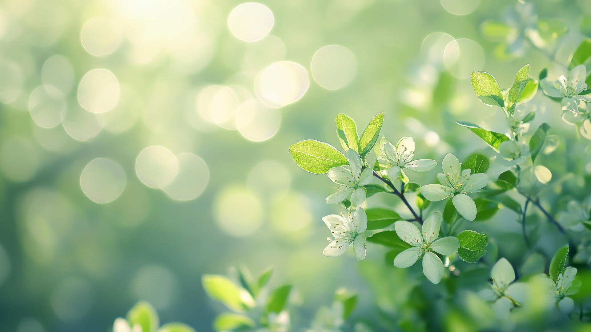 light green wallpaper with spring leaves and blurred sunlight bokeh