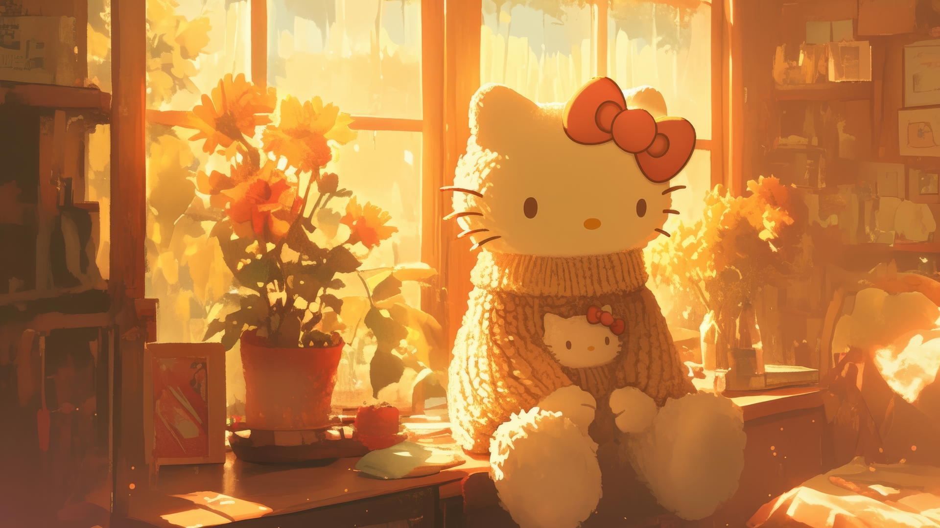 A cozy Hello Kitty wallpaper aesthetic with warm tones, knitted sweater texture, and soft lighting