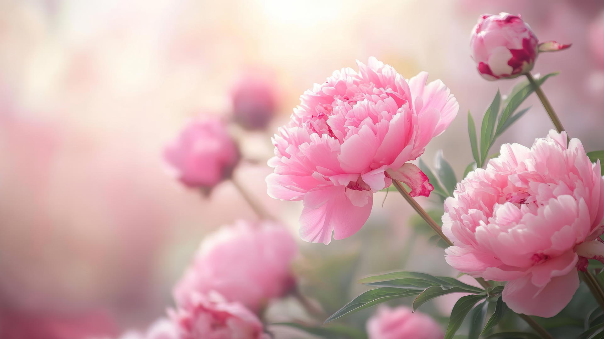 Dreamy flower nature wallpaper with pink peonies in full bloom, romantic atmosphere