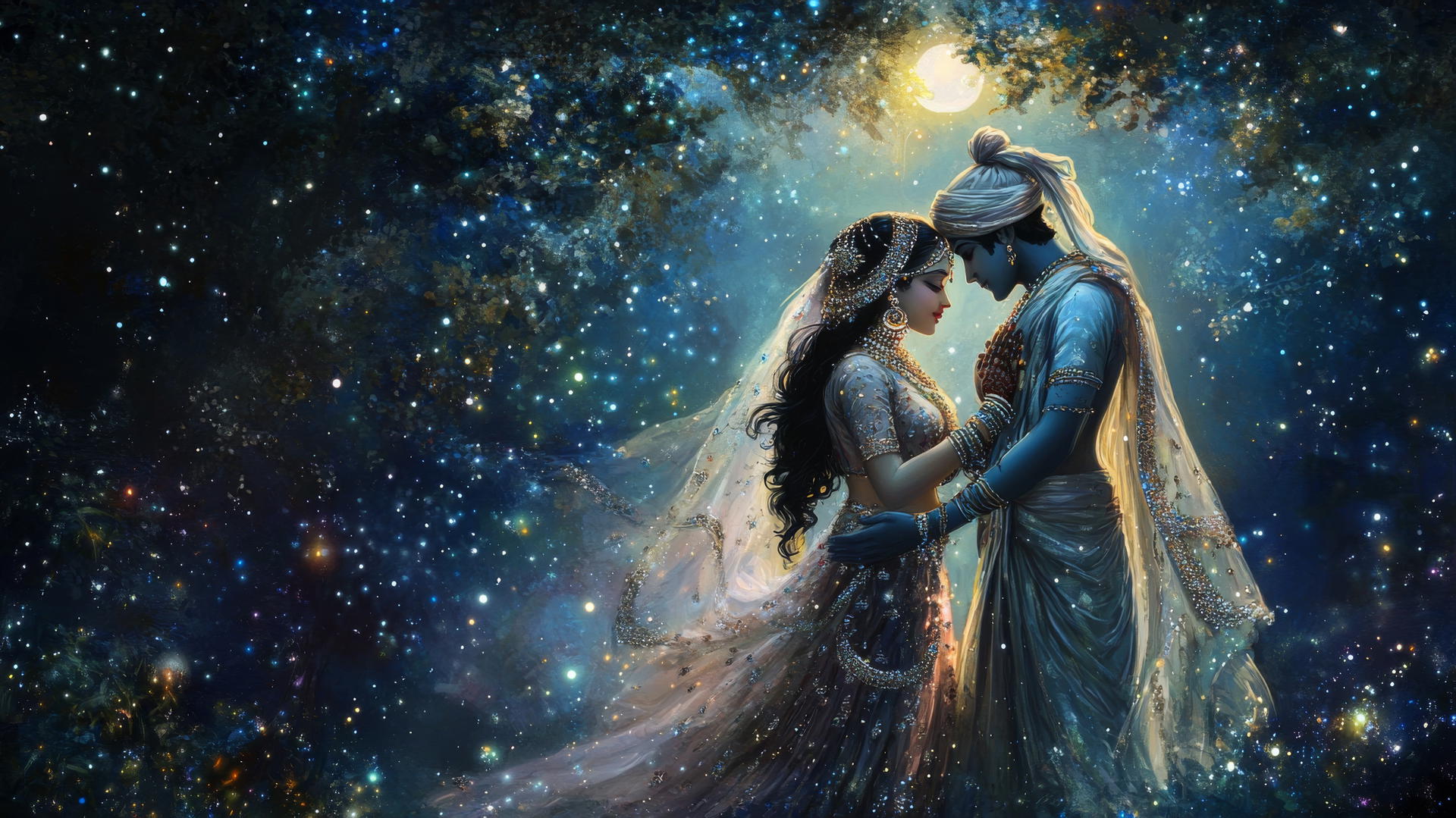 Radha Krishna HD wallpaper: Radha and Krishna under a starry canopy, moonlit, detailed attire