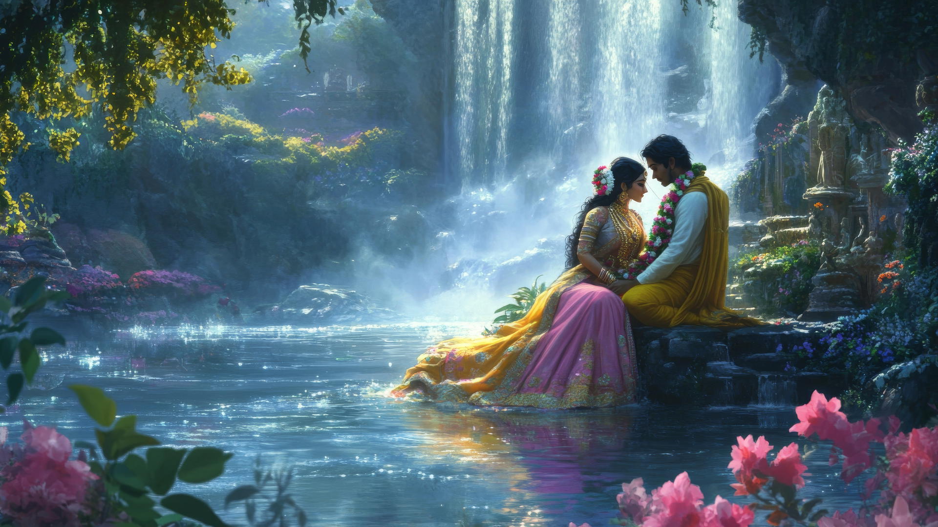 Love romantic Radha Krishna wallpaper HD: couple sharing a moment under waterfall