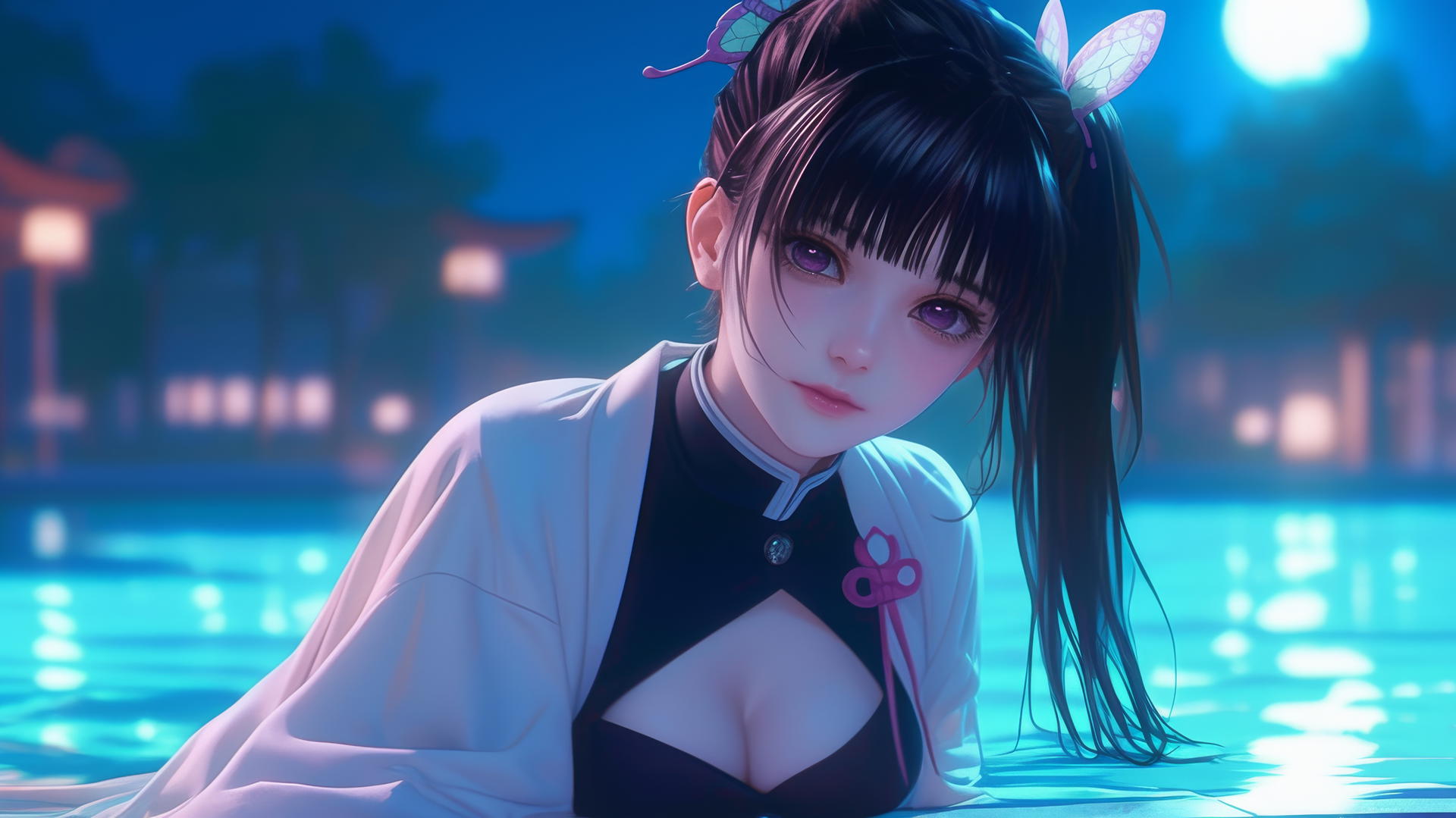 Kanao Tsuyuri resting by a pool in moonlight, with a butterfly hair ornament and dark lilac eyes.