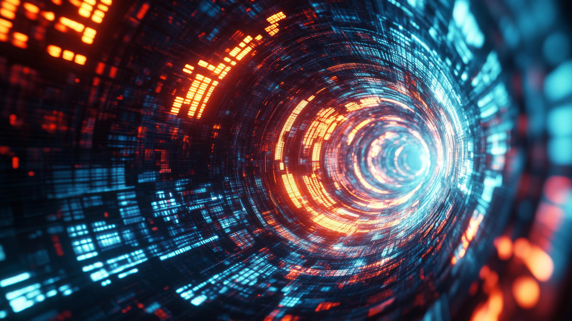 Cyber Y2K wallpaper with neon portal, pixelated symbols, glitch effects.