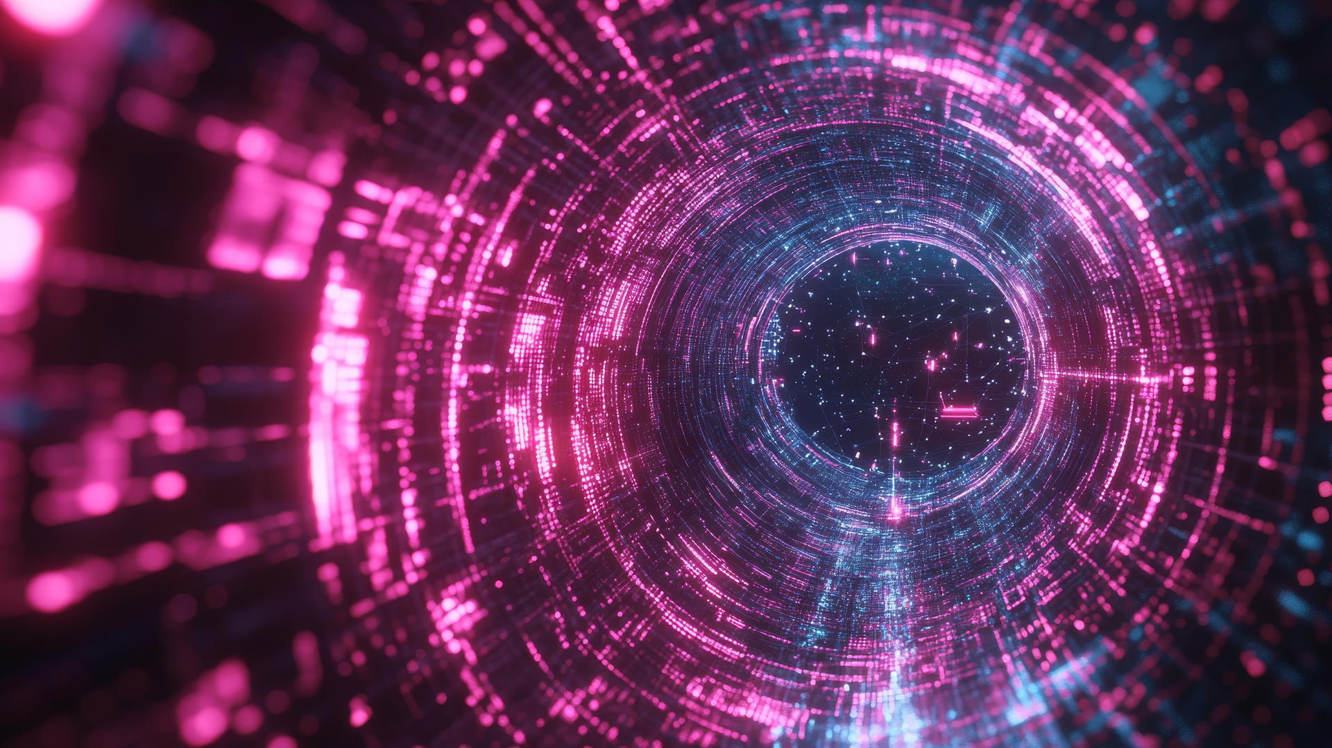 cyber Y2K wallpaper with neon portal, pixelated digital symbols, and holographic vortex