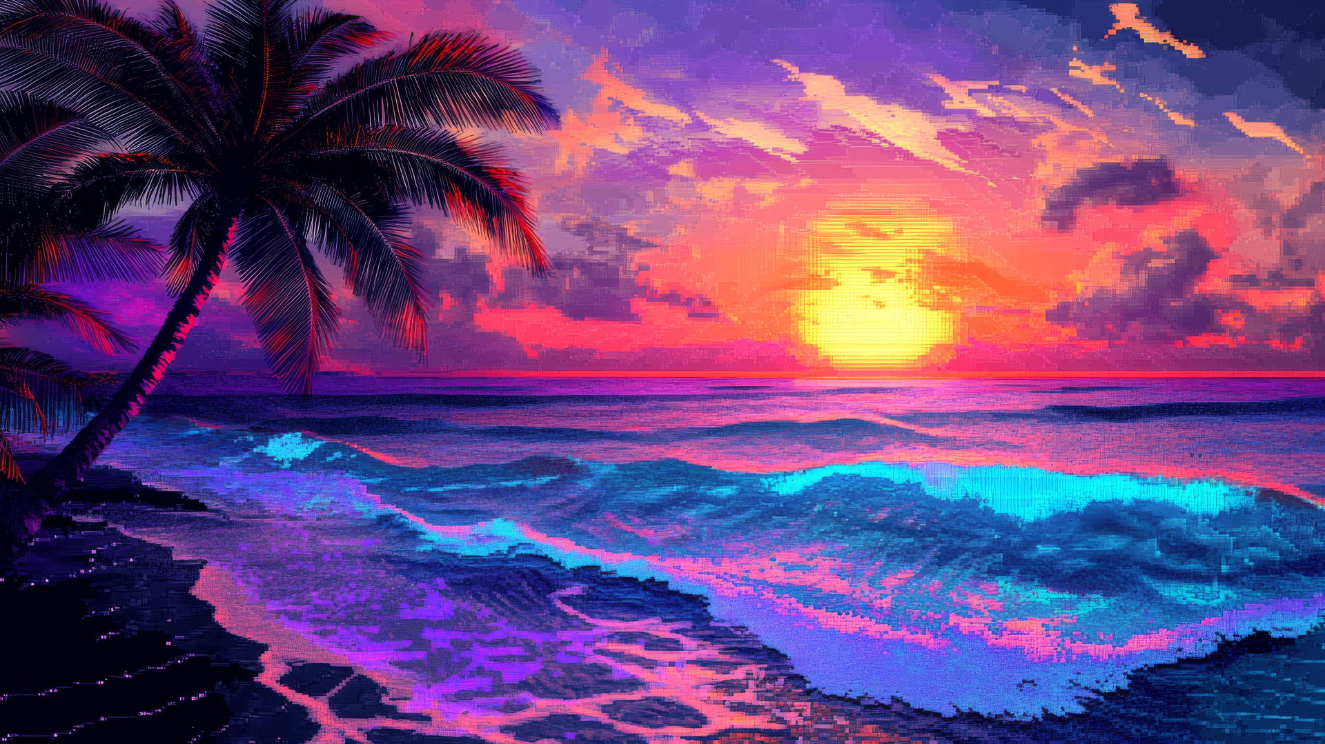 Y2K aesthetic wallpaper with digital beach scene, pixelated waves, holographic palm trees, neon sunset