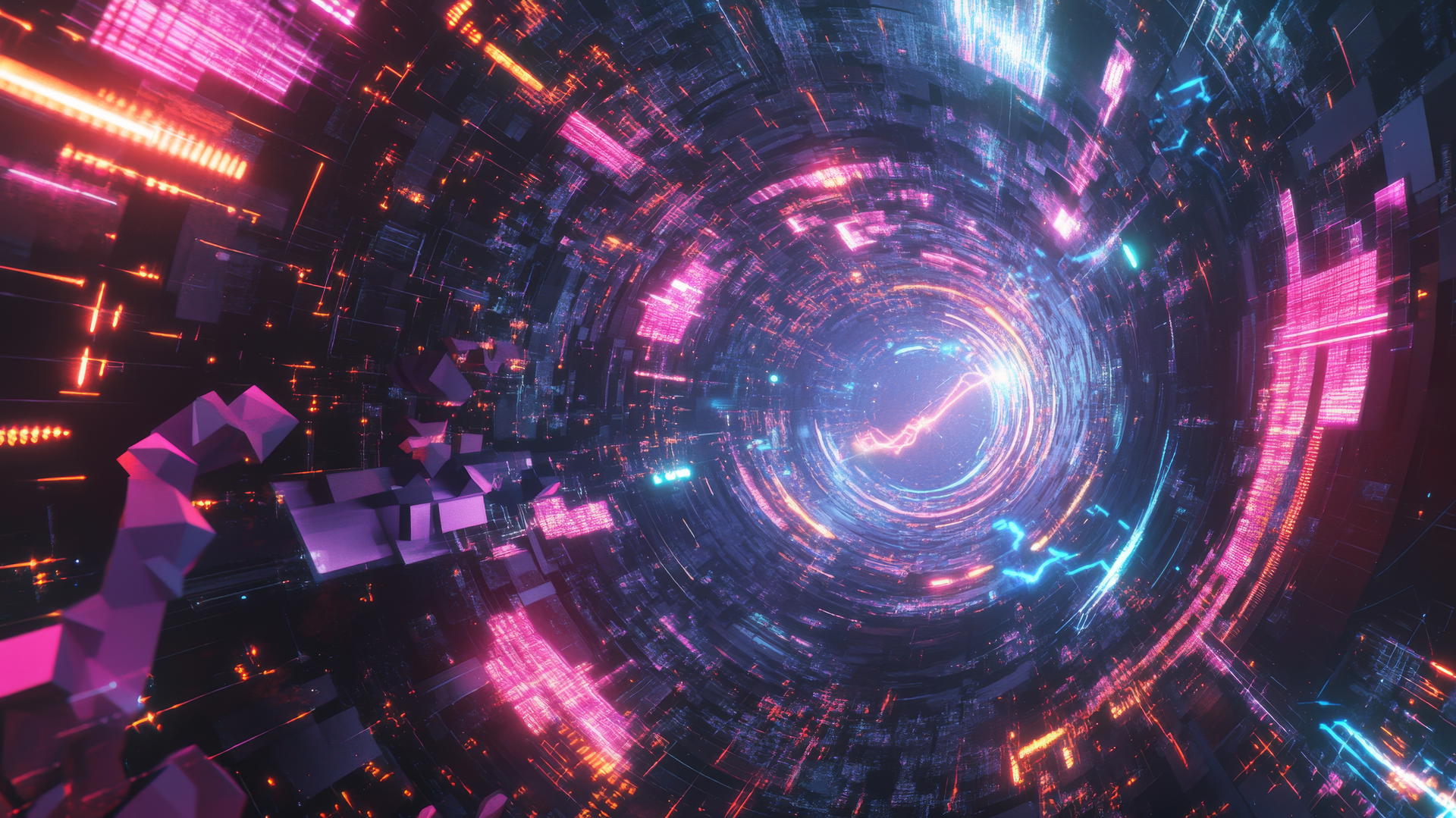 Y2K aesthetic wallpaper with a vortex of digital code, holographic shapes, and neon lightning.