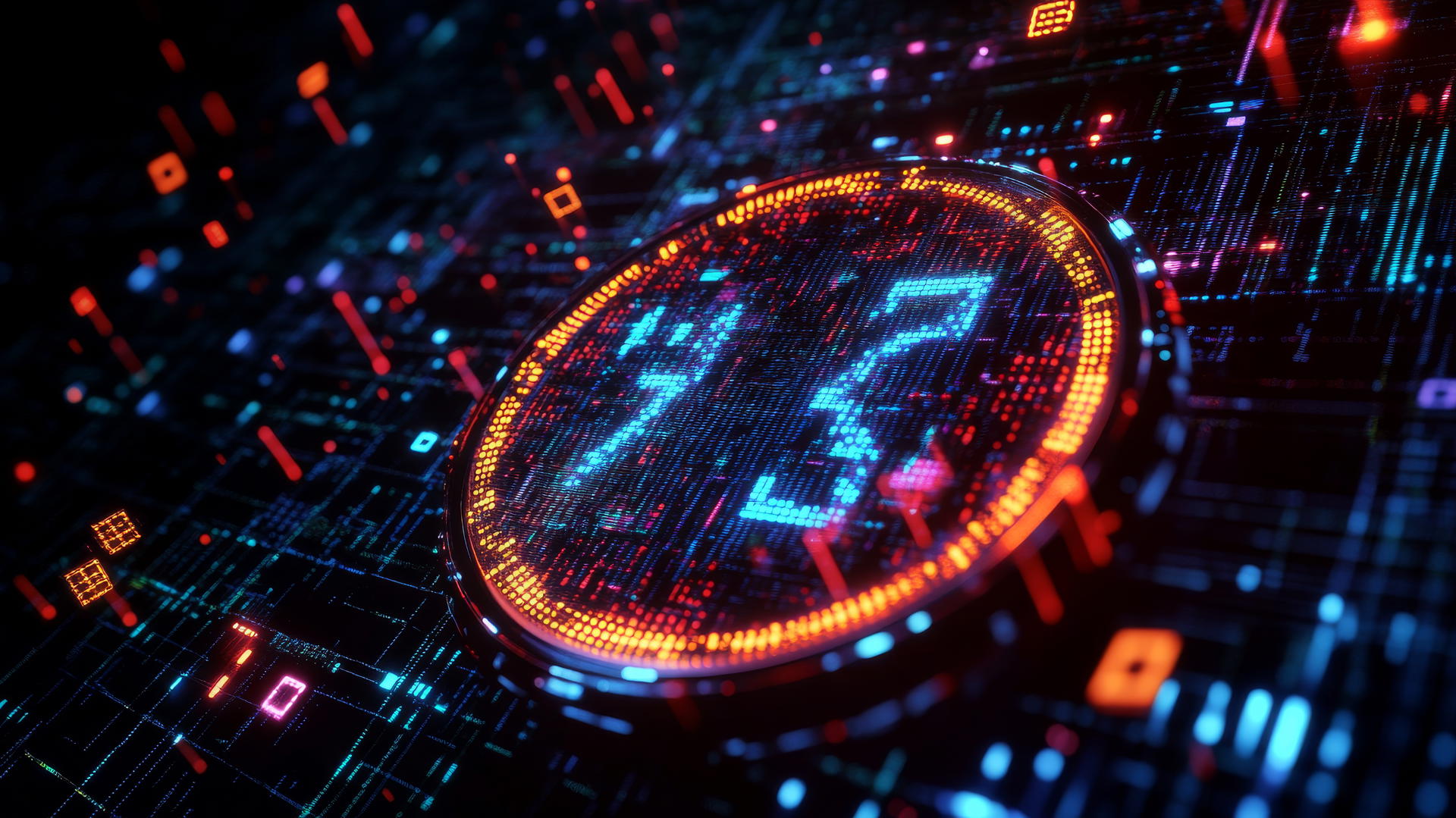 Y2K wallpaper black with neon retro digital clock, binary code, and digital artifacts.