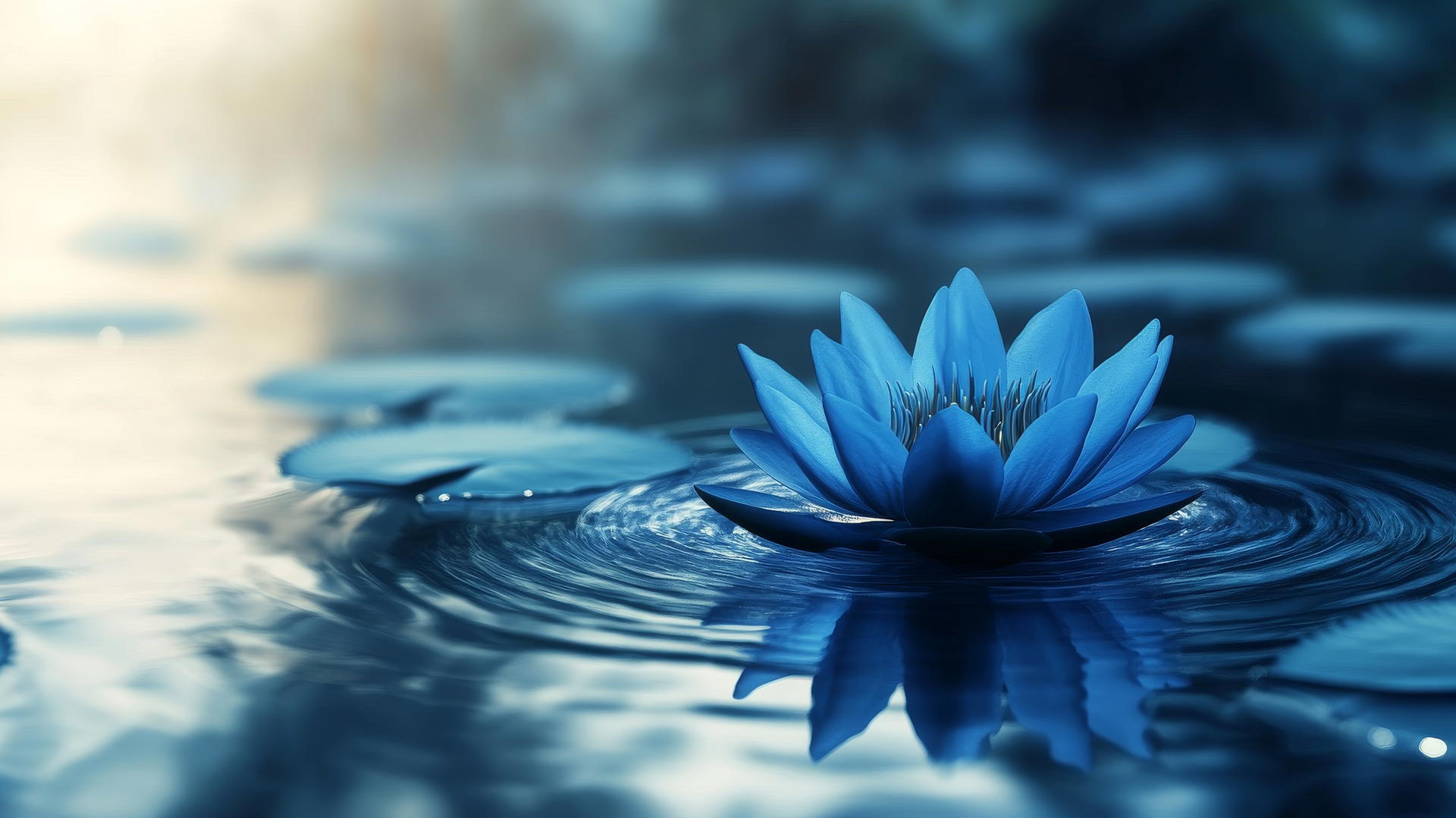 blue flower wallpaper with floating blue lotus petals on calm water