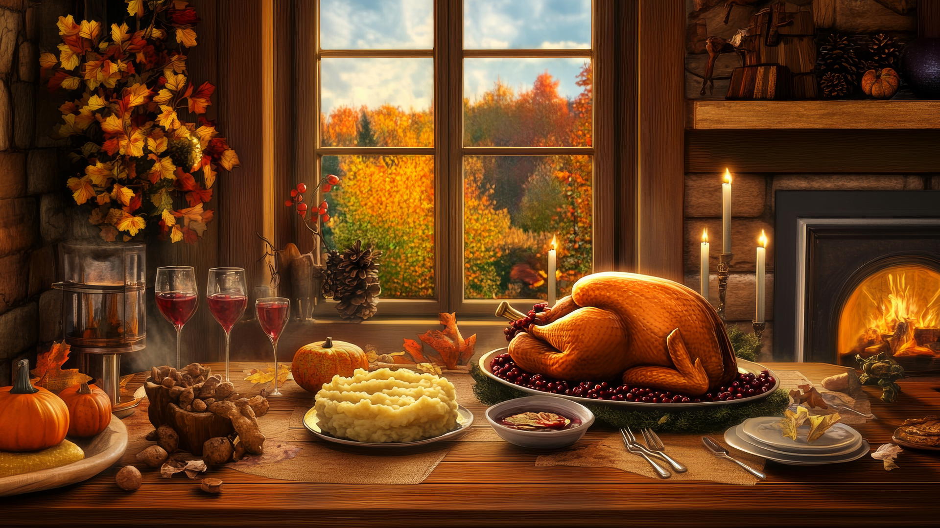 Thanksgiving wallpaper with cozy dinner table, turkey, mashed potatoes, and fall decorations