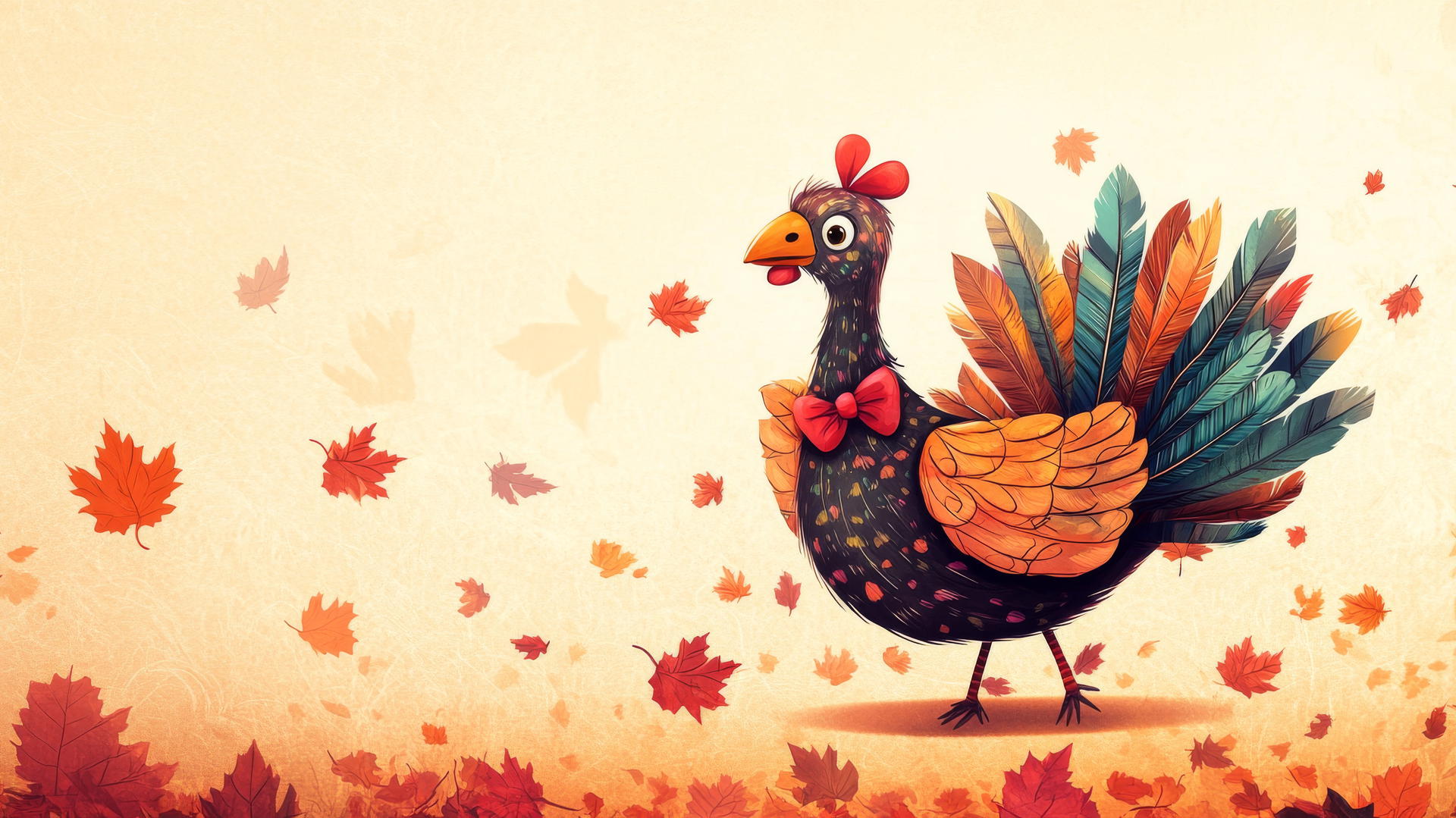 cute thanksgiving wallpaper with a turkey in colorful feathers and bow tie dancing among falling leaves