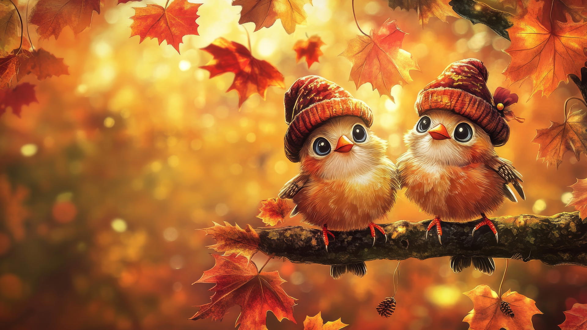 Cute thanksgiving wallpaper with two cartoon birds in pilgrim hats on a branch