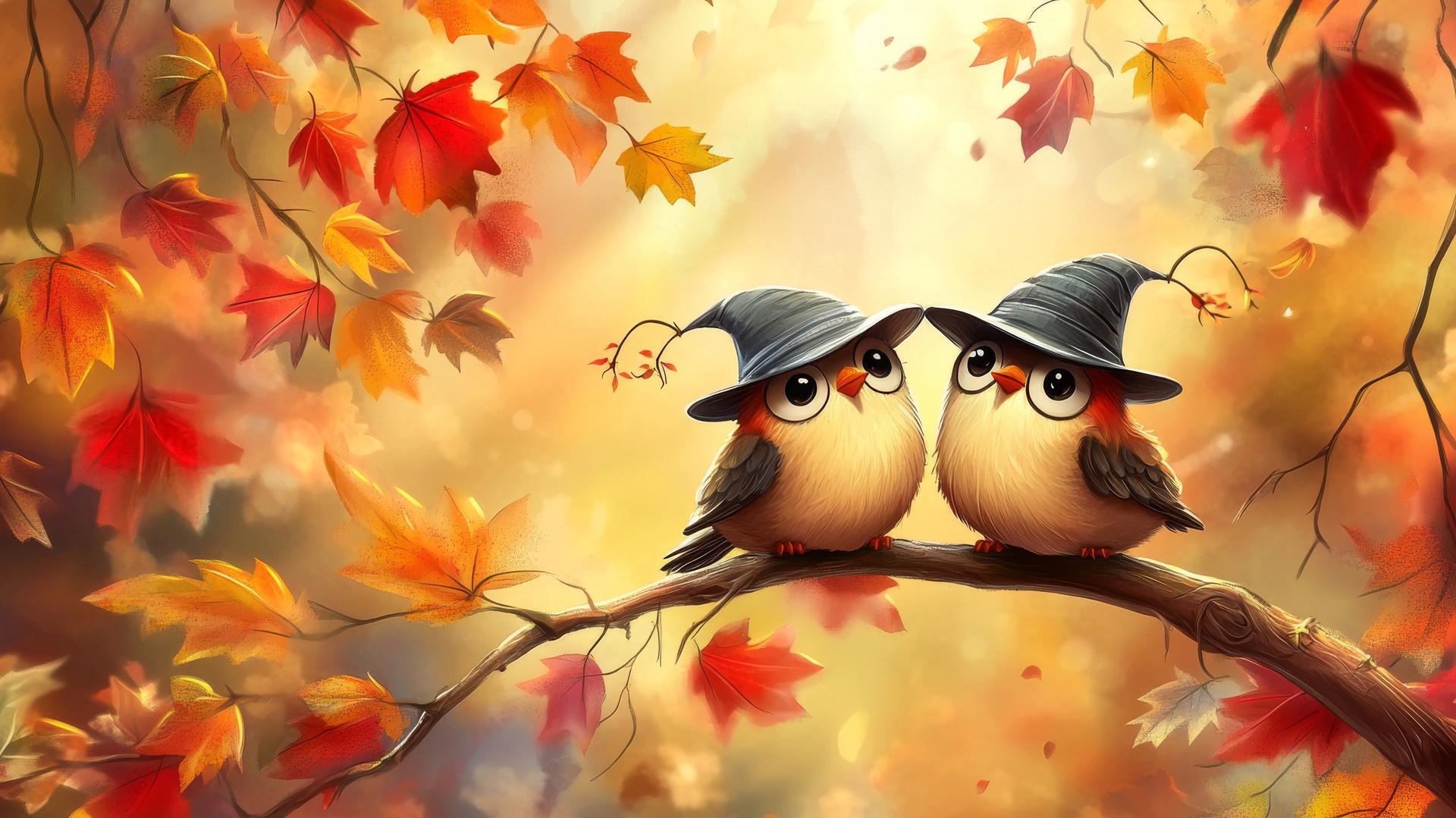 cute thanksgiving wallpaper with cartoon birds in pilgrim hats on a tree branch