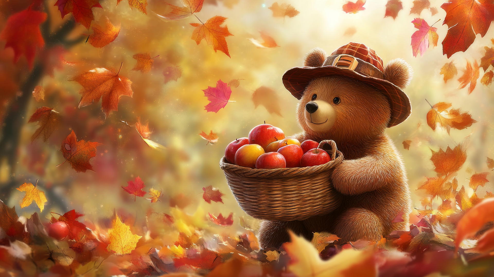 thanksgiving wallpaper cute with a cartoon bear in a pilgrim hat holding apples, surrounded by colorful leaves