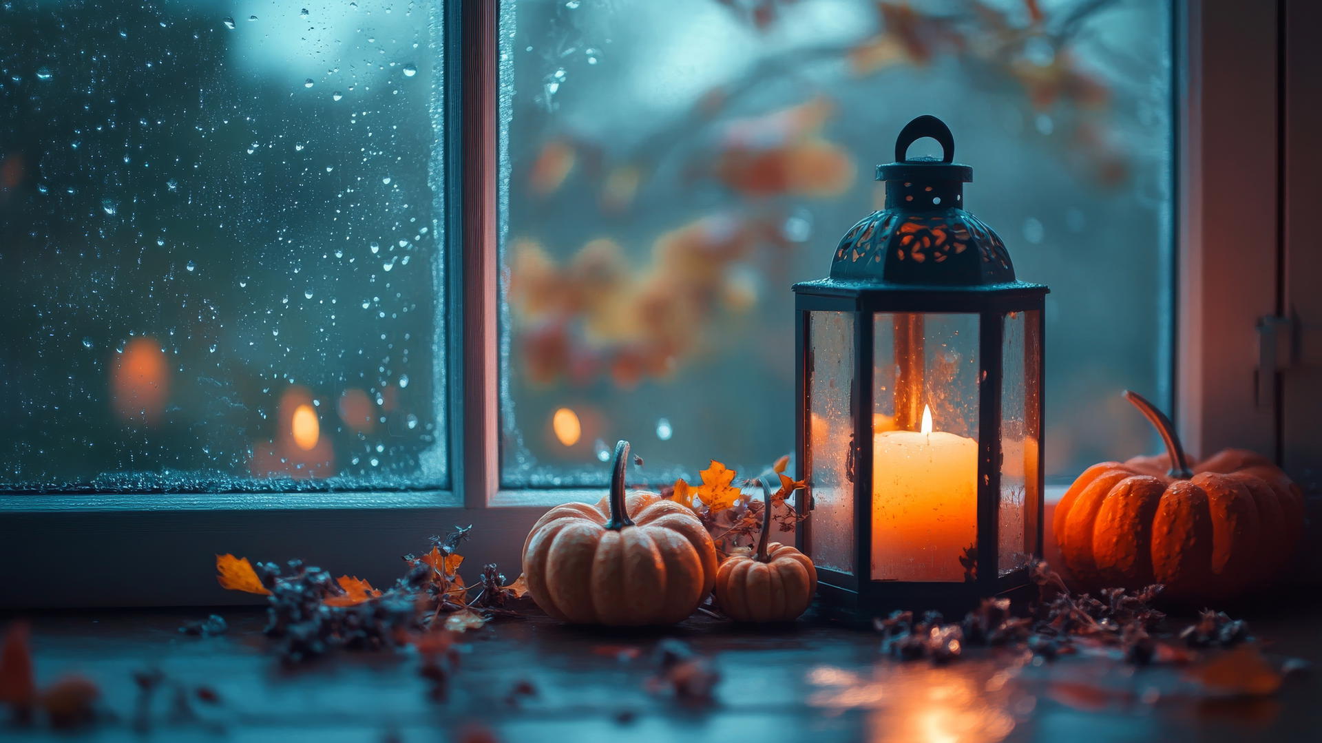 thanksgiving aesthetic wallpaper with candlelit lantern, pumpkins, and dried flowers