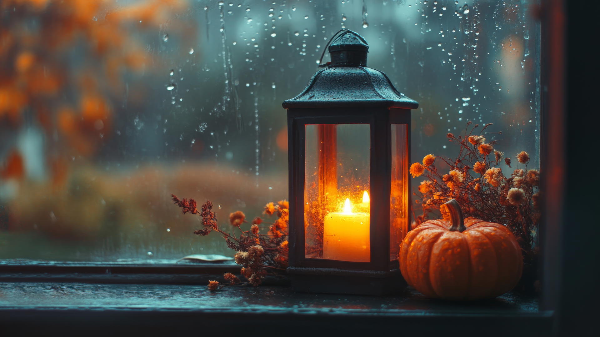 Thanksgiving aesthetic wallpaper with candlelit lantern, pumpkins, and raindrops