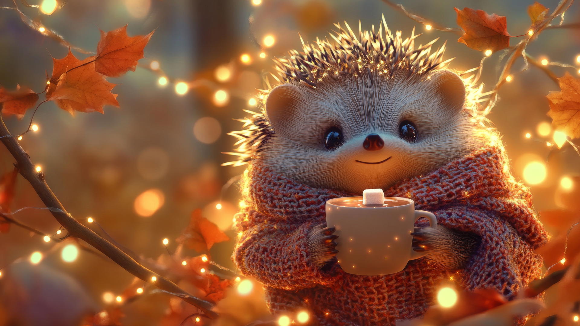 Wallpaper cute Thanksgiving backgrounds with a hedgehog in a scarf, hot chocolate, and fairy lights