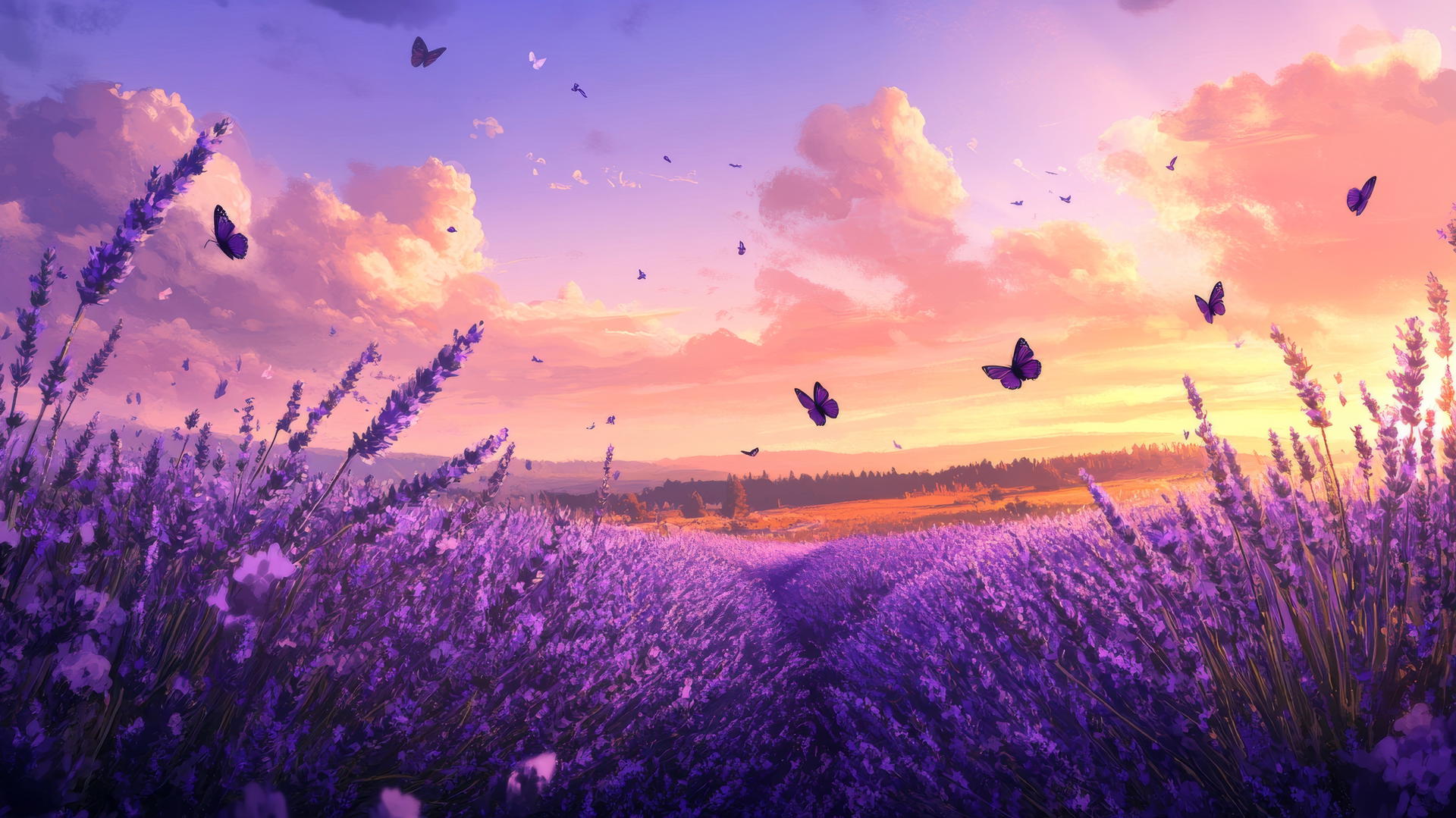 summer wallpaper of endless lavender fields under a warm sky with butterflies