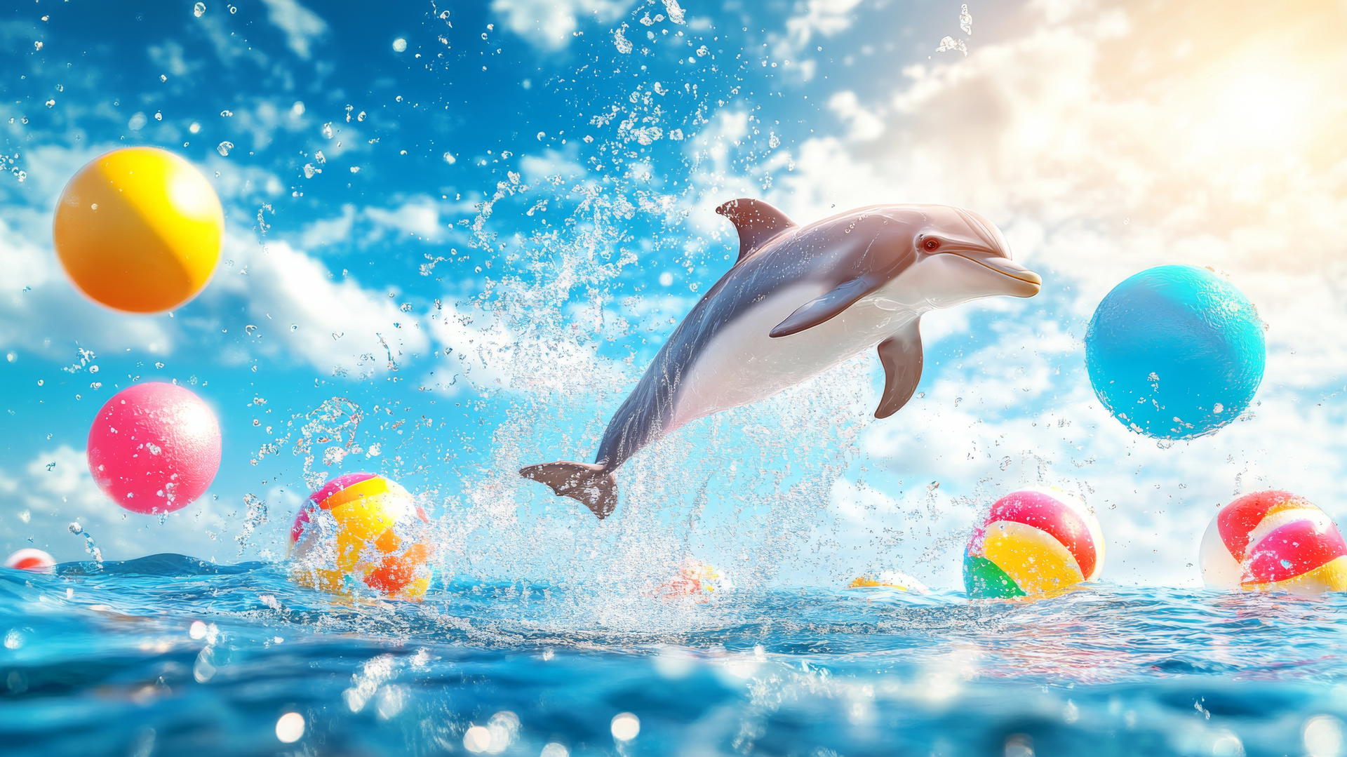 cute summer wallpaper with a dolphin leaping, beach balls, and sea bubbles