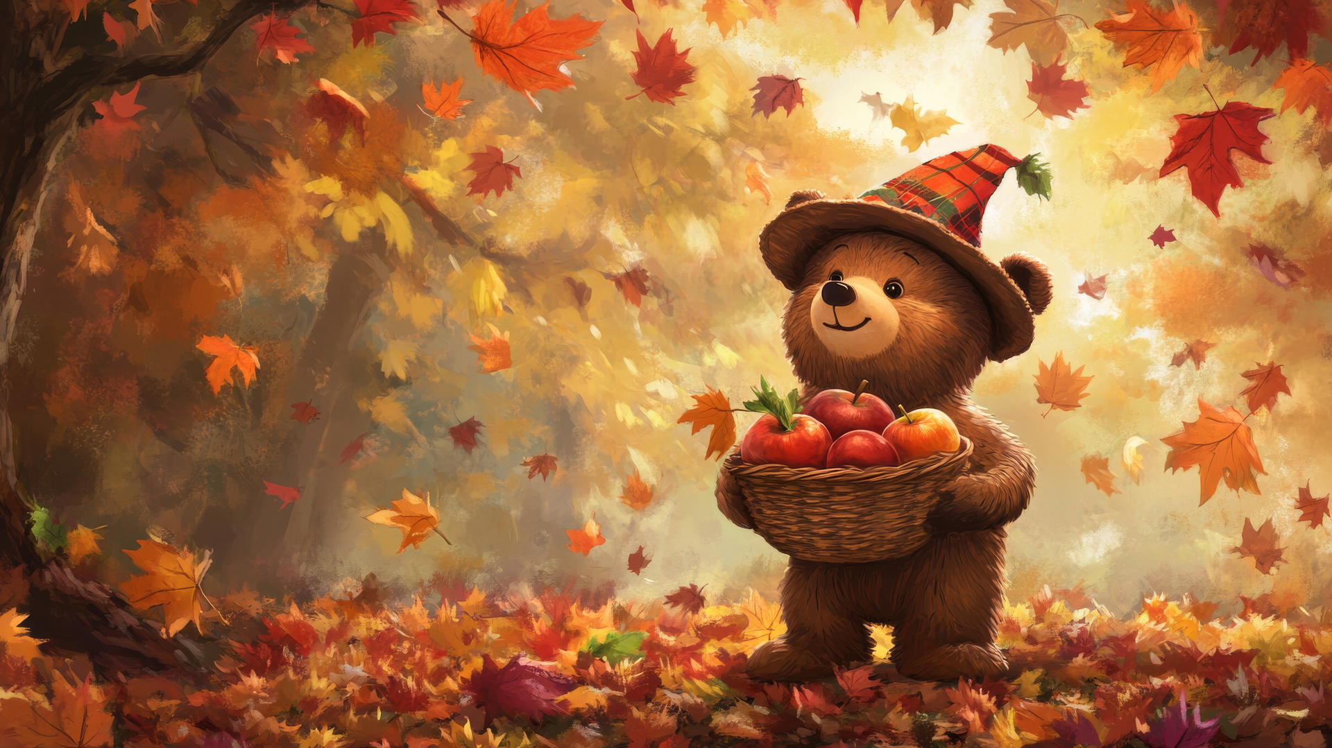 thanksgiving wallpaper cute cartoon bear with pilgrim hat, apples, and falling leaves