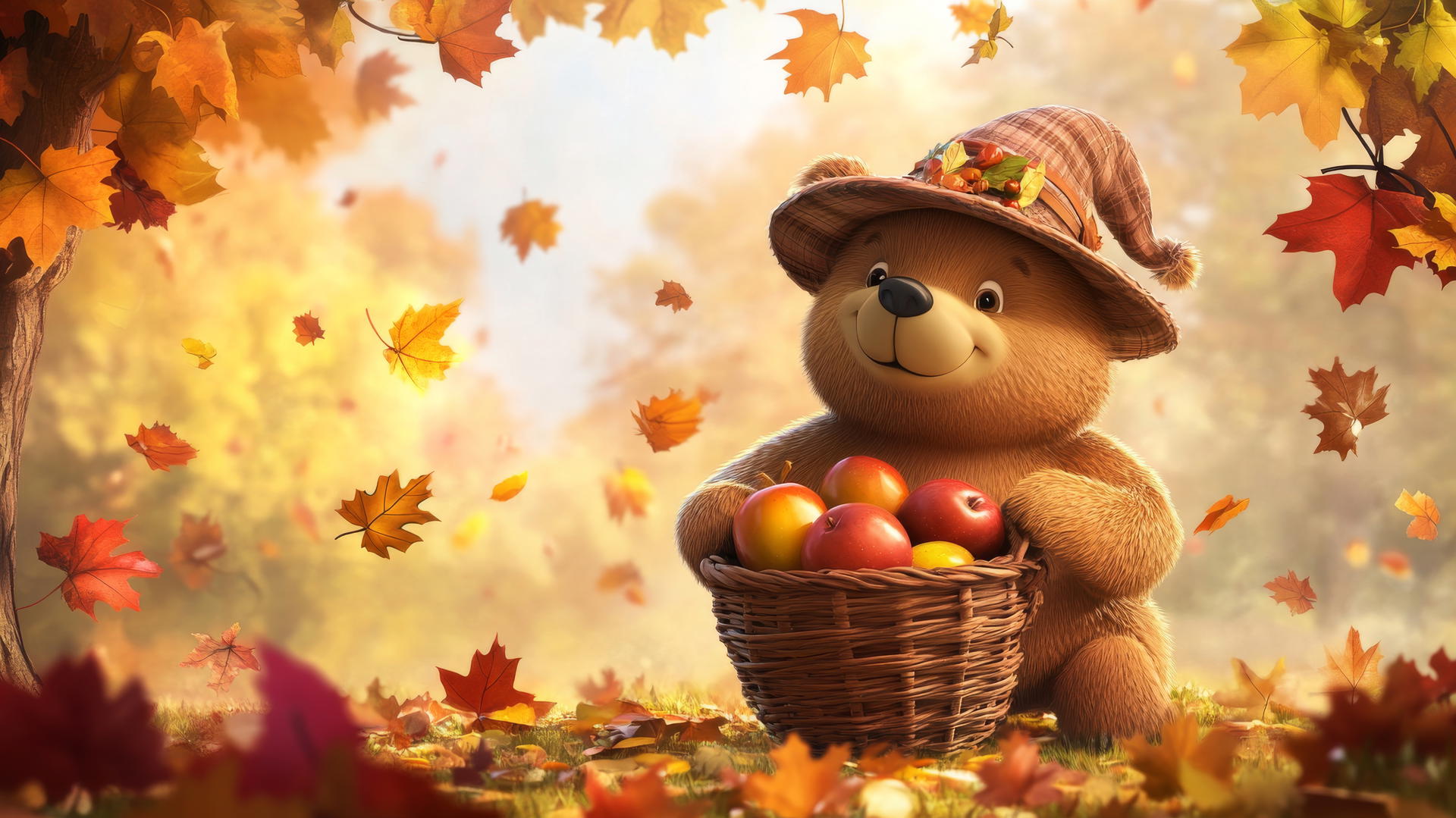 thanksgiving wallpaper cute with cartoon bear in pilgrim hat holding apples and falling leaves
