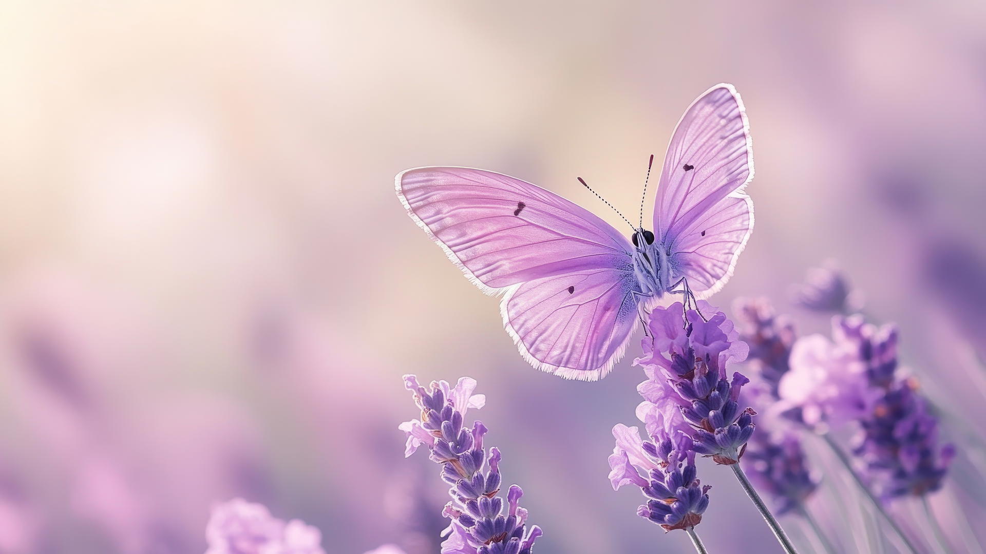 A delicate purple butterfly on a lavender flower with a blurred pastel background