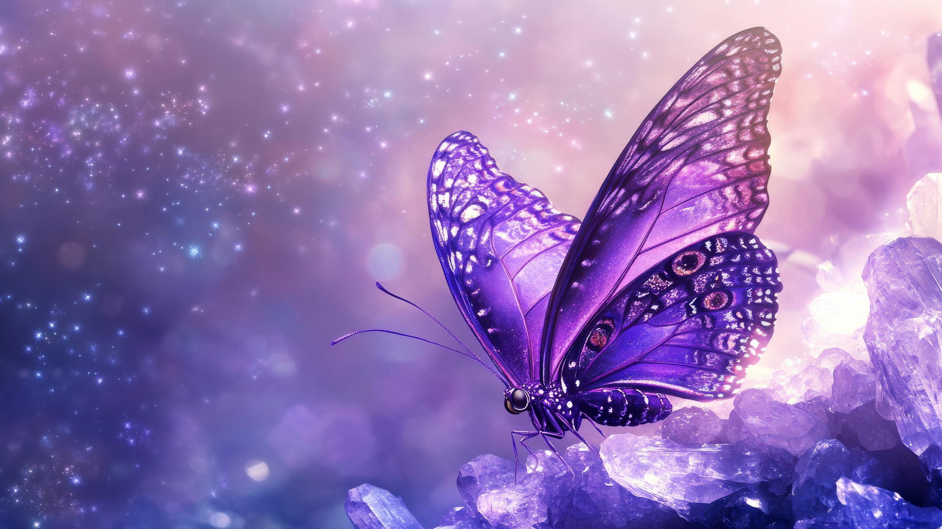 purple butterfly wallpaper with intricate wings on glowing crystal with stars