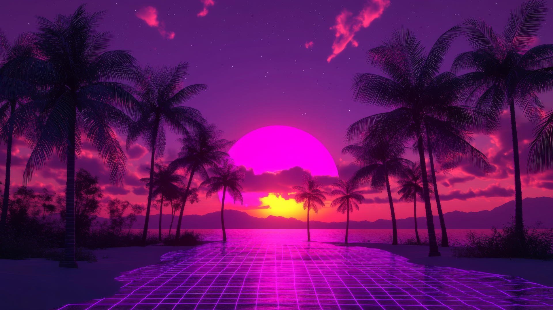 neon purple aesthetic wallpaper with palm trees, gridlines, vibrant sun