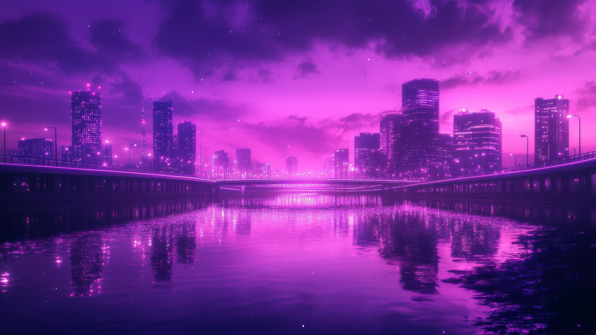 neon purple aesthetic wallpaper with city skyline reflecting in a calm river
