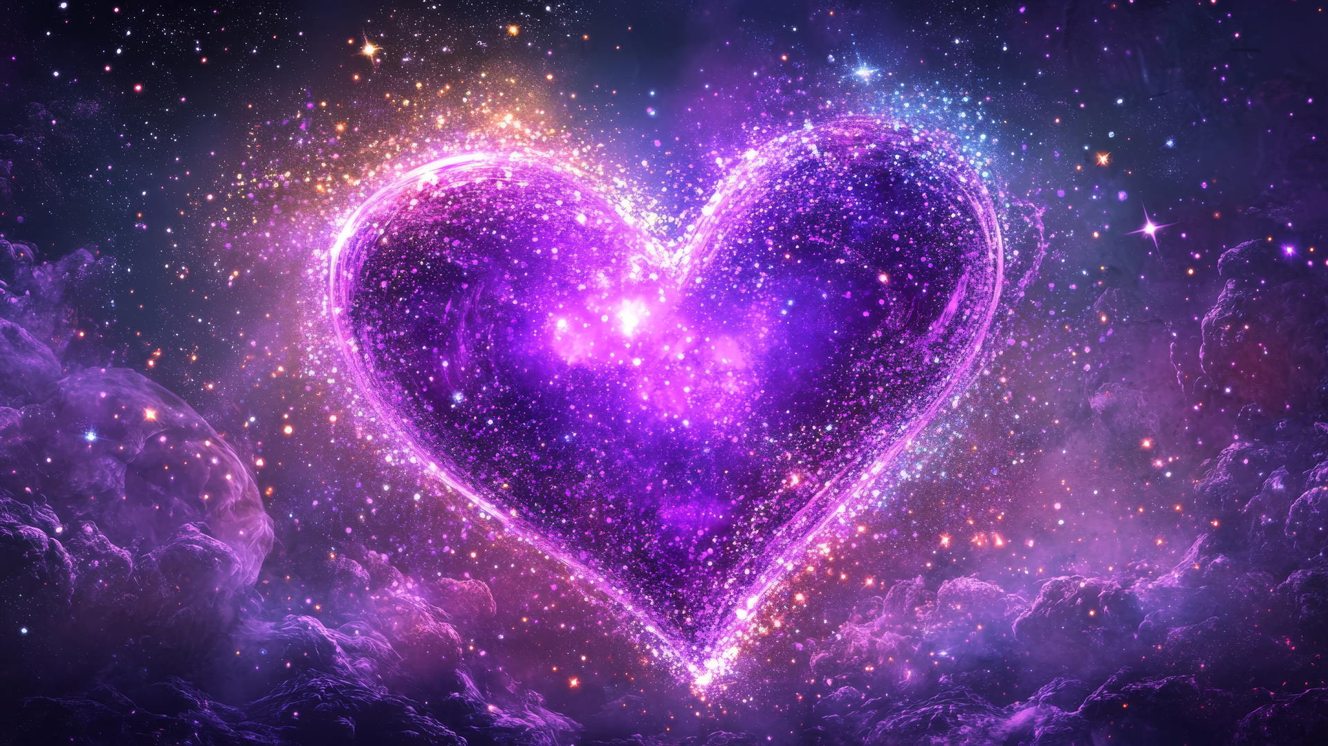vibrant neon purple heart with glowing stars and sparkles, dreamy vibe