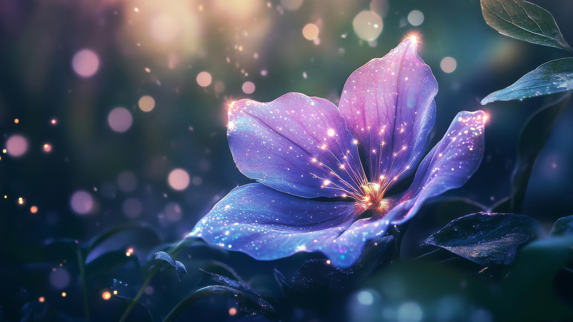 purple flower wallpaper with glowing petals and fairy lights
