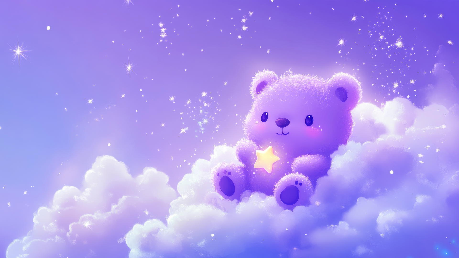 cute purple wallpaper with a kawaii bear holding a tiny star, floating on a fluffy lavender cloud