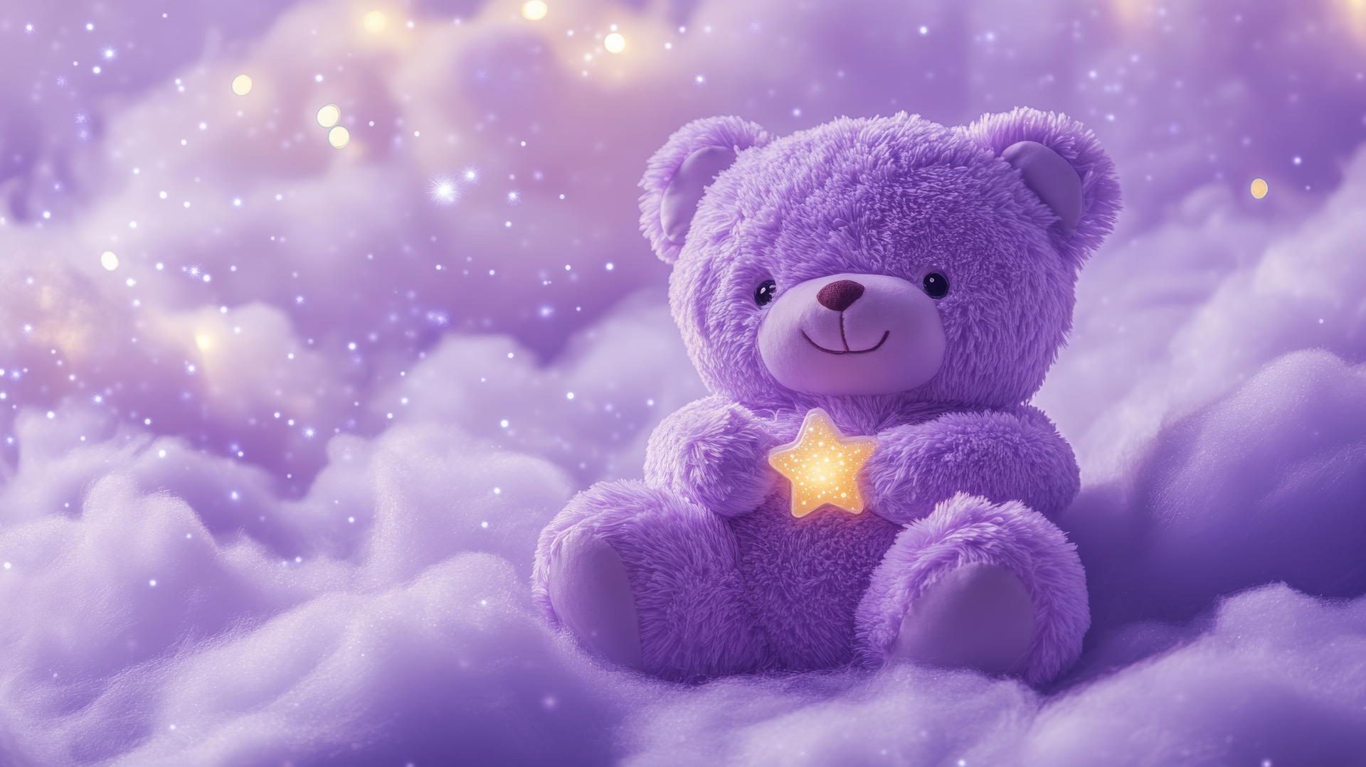 cute purple wallpaper featuring a kawaii bear holding a tiny star on a fluffy lavender cloud