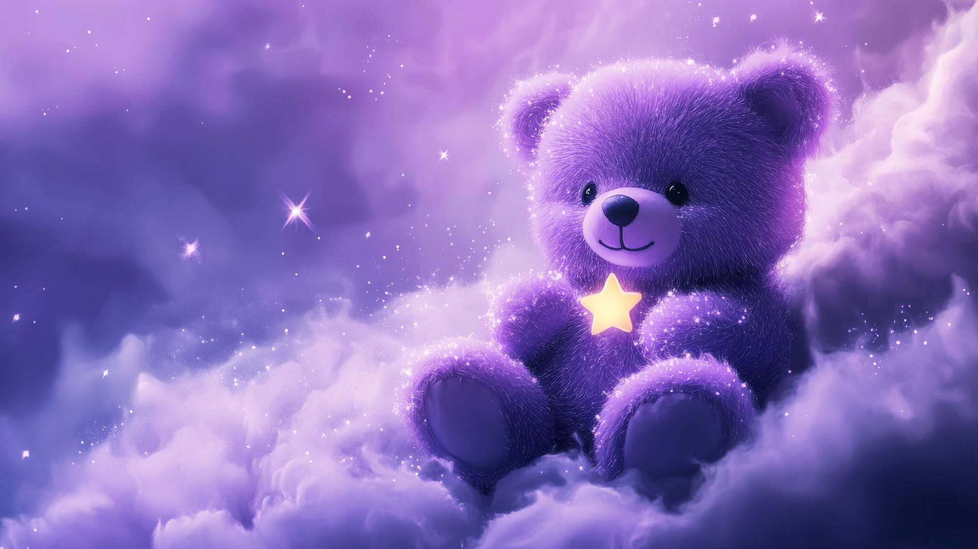 cute purple wallpaper with kawaii bear holding a star on lavender cloud with sparkles