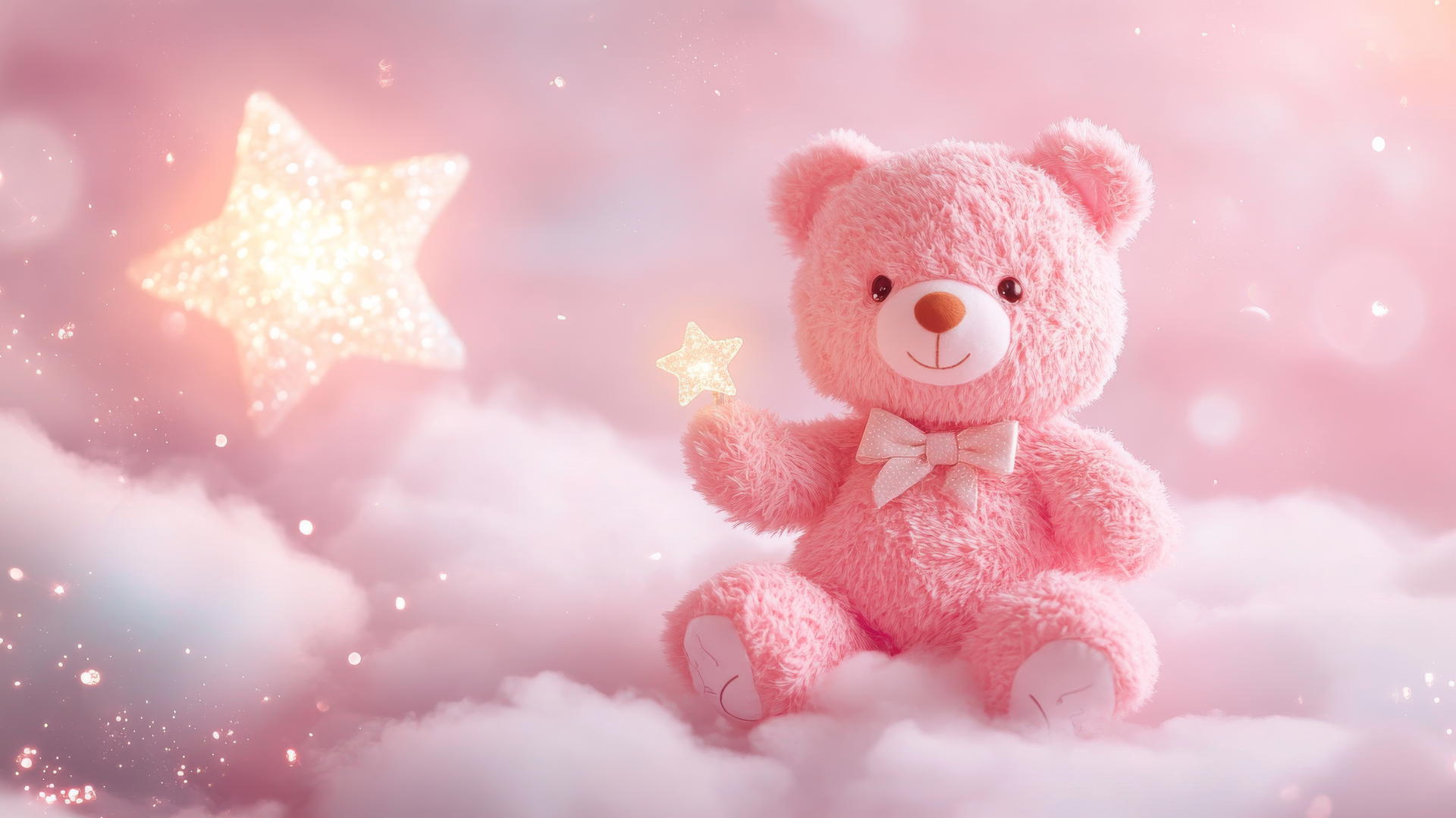 cute pink wallpaper featuring a kawaii bear holding a star on a fluffy cloud with sparkles