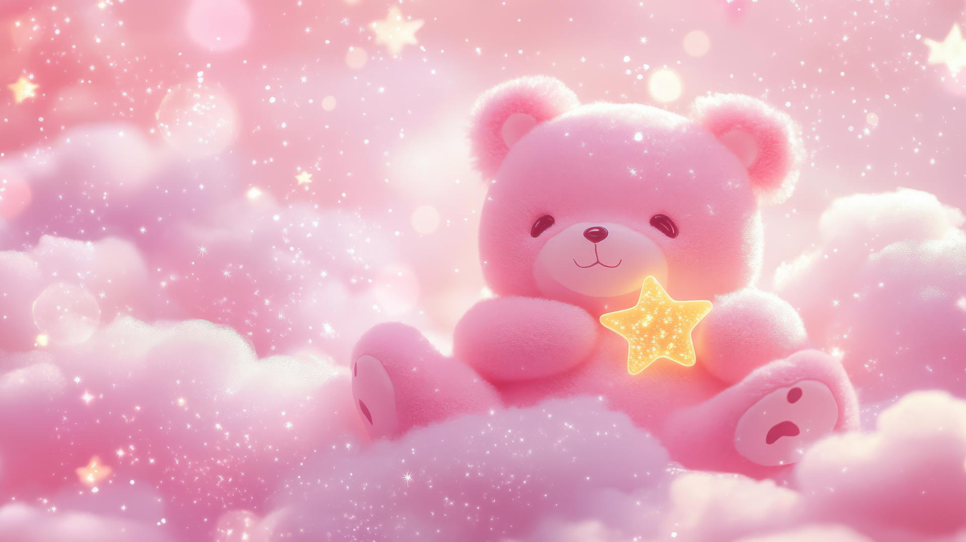 Cute pink wallpaper with a kawaii bear holding a tiny star on a fluffy pink cloud with sparkles.