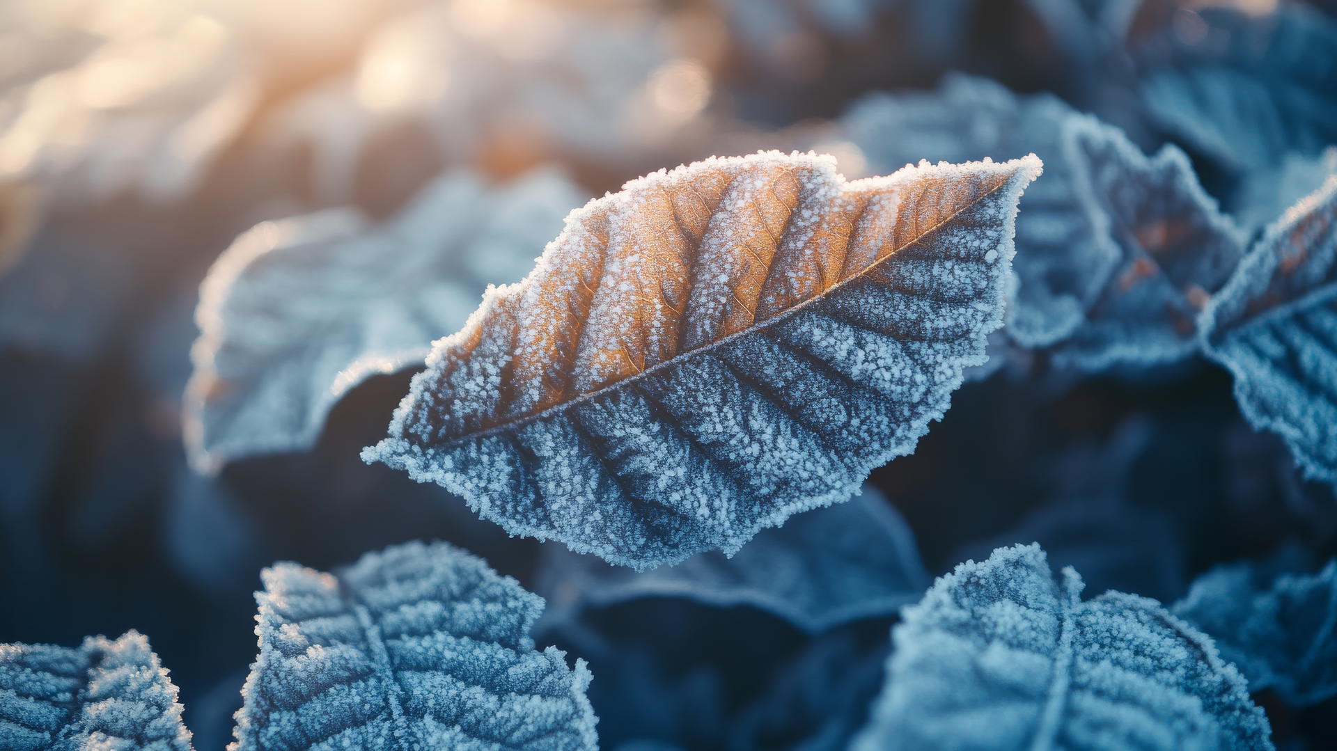 Aesthetic winter wallpaper with frosty leaves covered in ice crystals and soft sunlight.