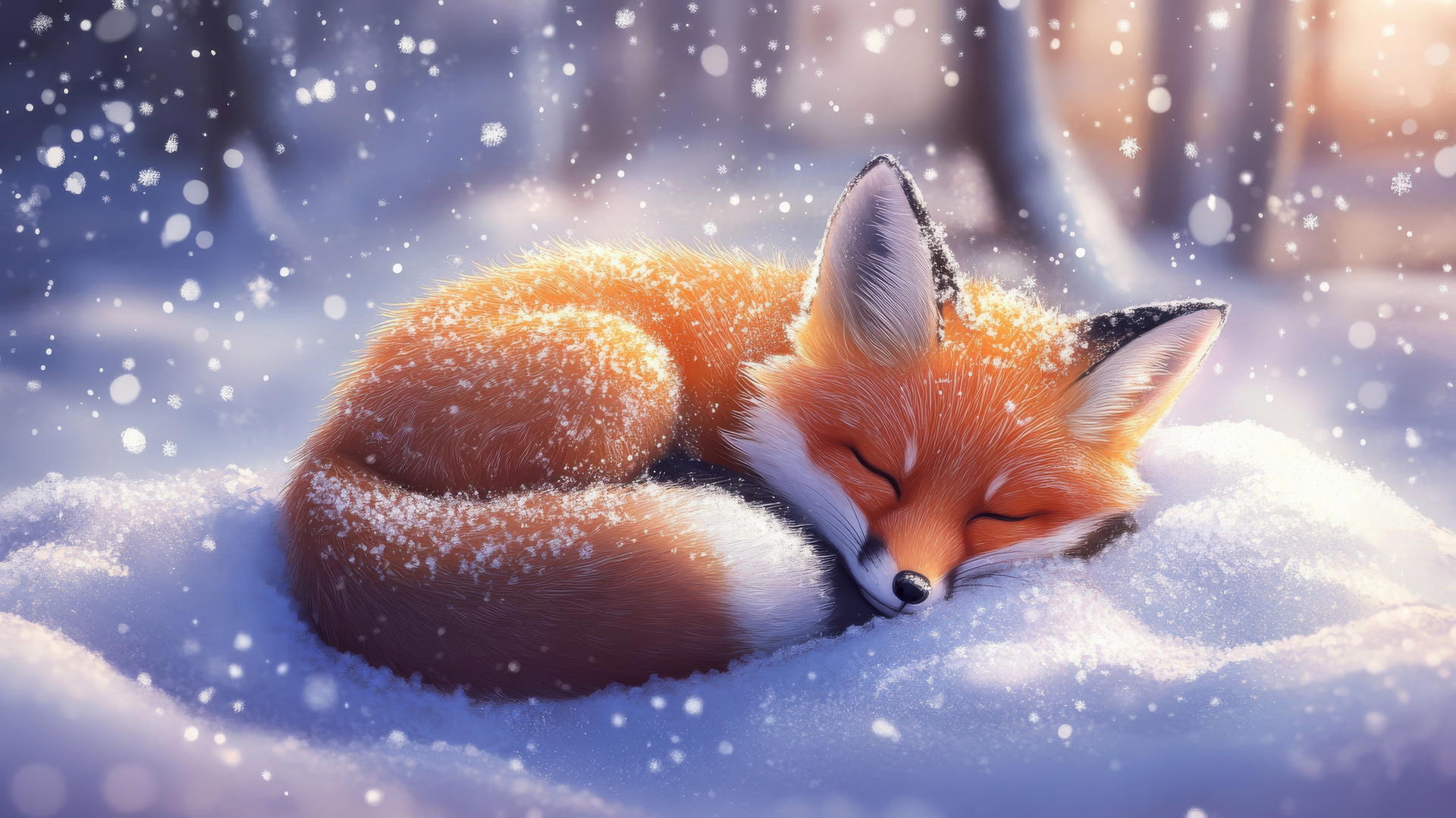 cute winter wallpaper featuring a sleepy fox curled up in the snow with snowflakes settling on its fur
