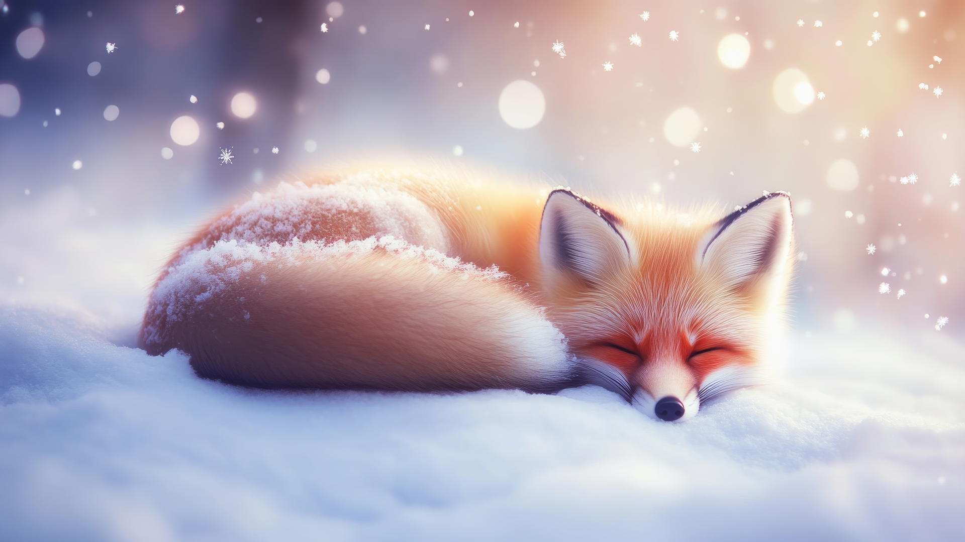cute winter wallpaper with a sleepy fox curled up in the snow